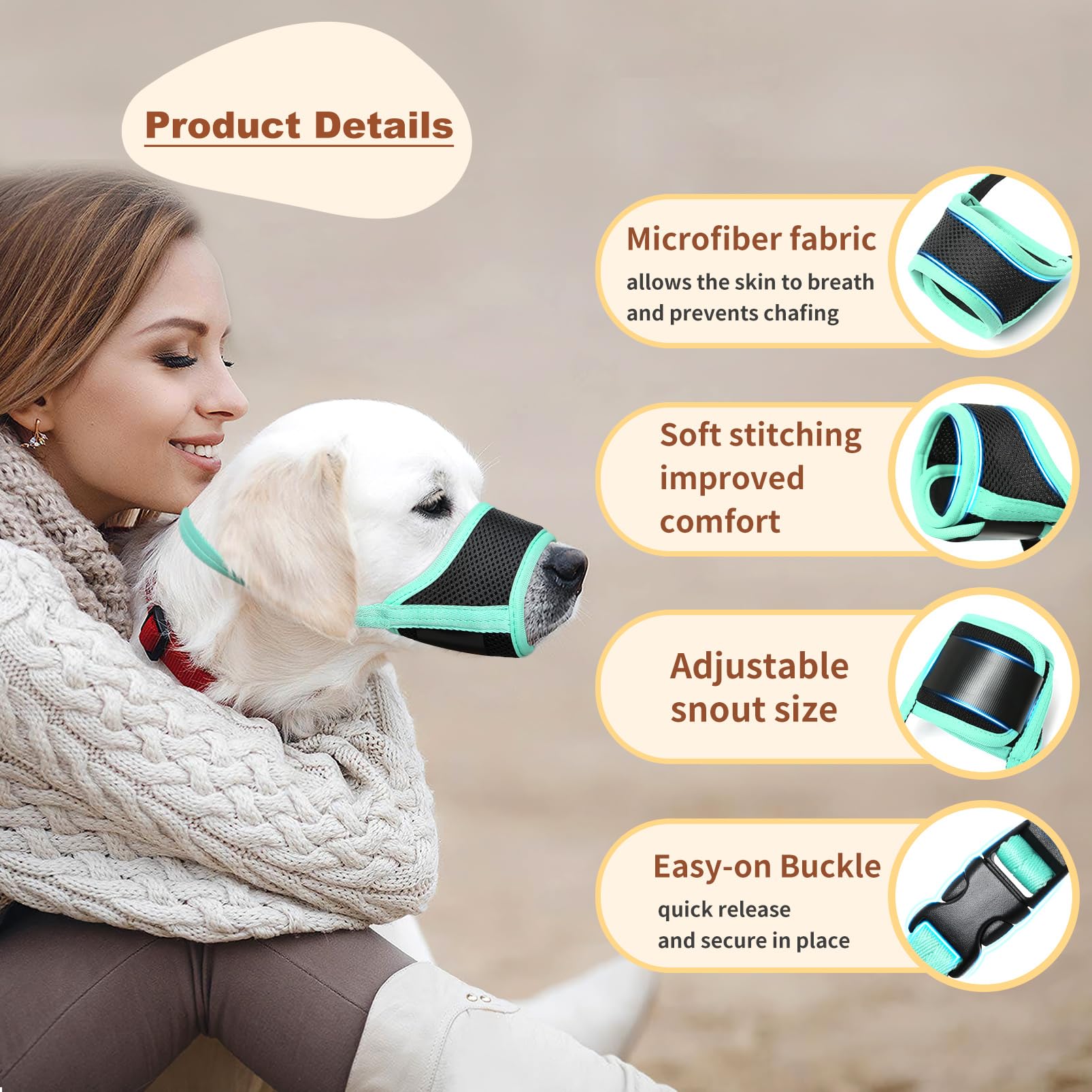 HEELE Dog Muzzle - Soft Mesh, Breathable, Adjustable Straps, Prevents Biting & Chewing, Allows Drinking, Green, Medium Size