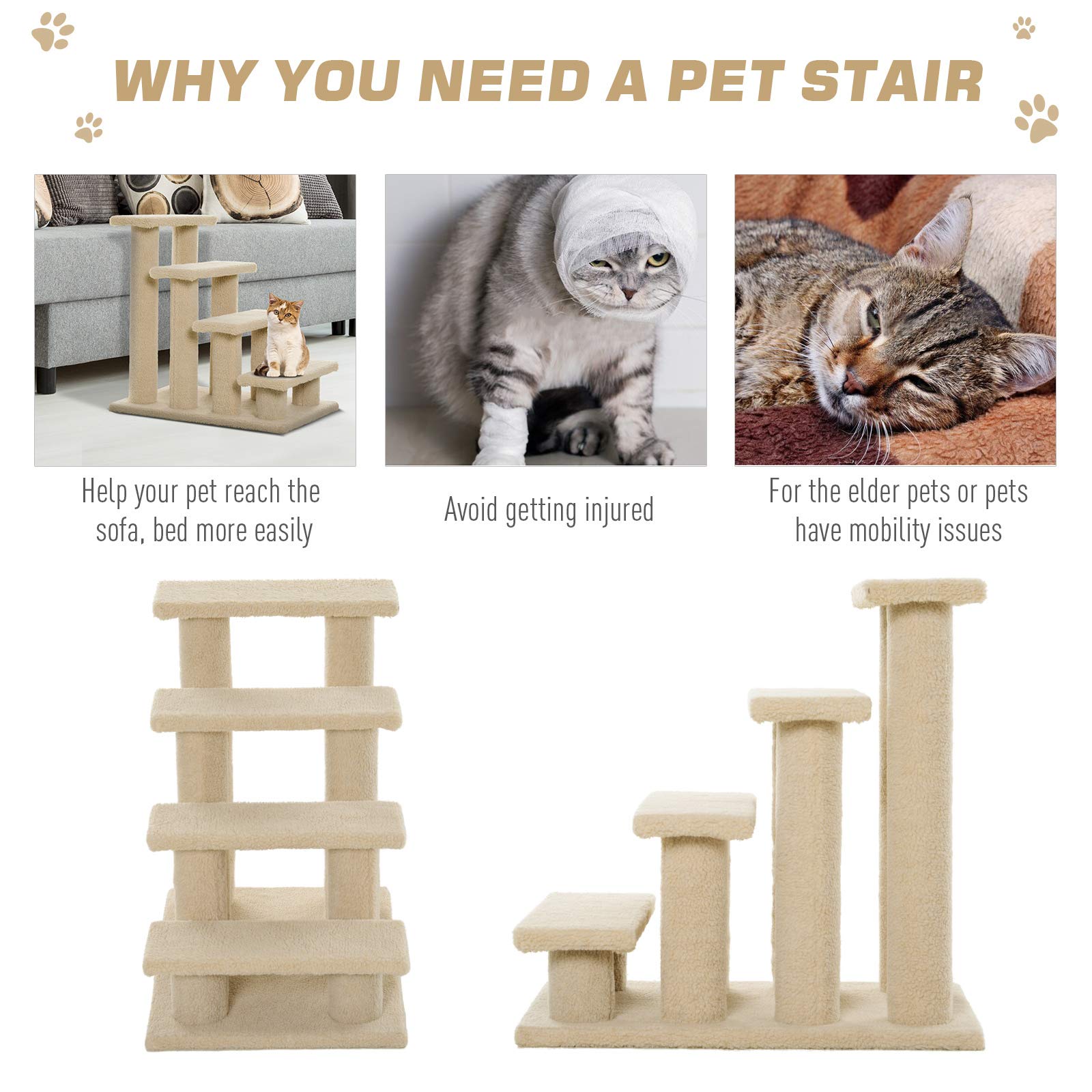 Pawhut 25'' 4-Step Multi-Level Carpeted Cat Scratching Post Pet Stairs - Light Brown