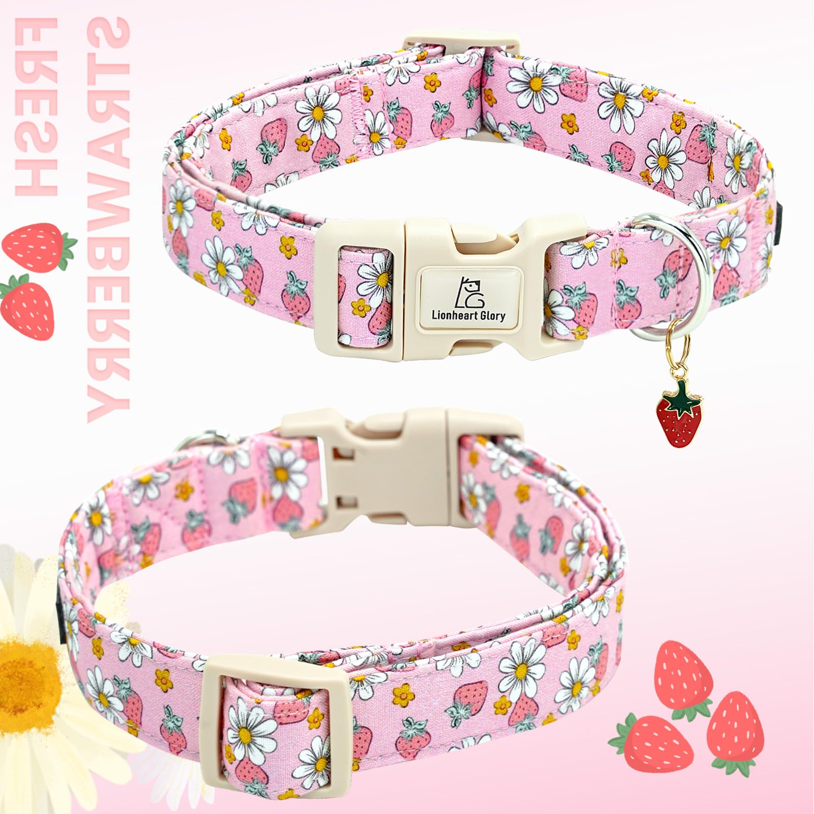 Lionheart Glory Dog Collar Strawberries Print Pink Dog Collars Girl Spring Summer Cute Collar Pet Gift Durable Adjustable Dog Co