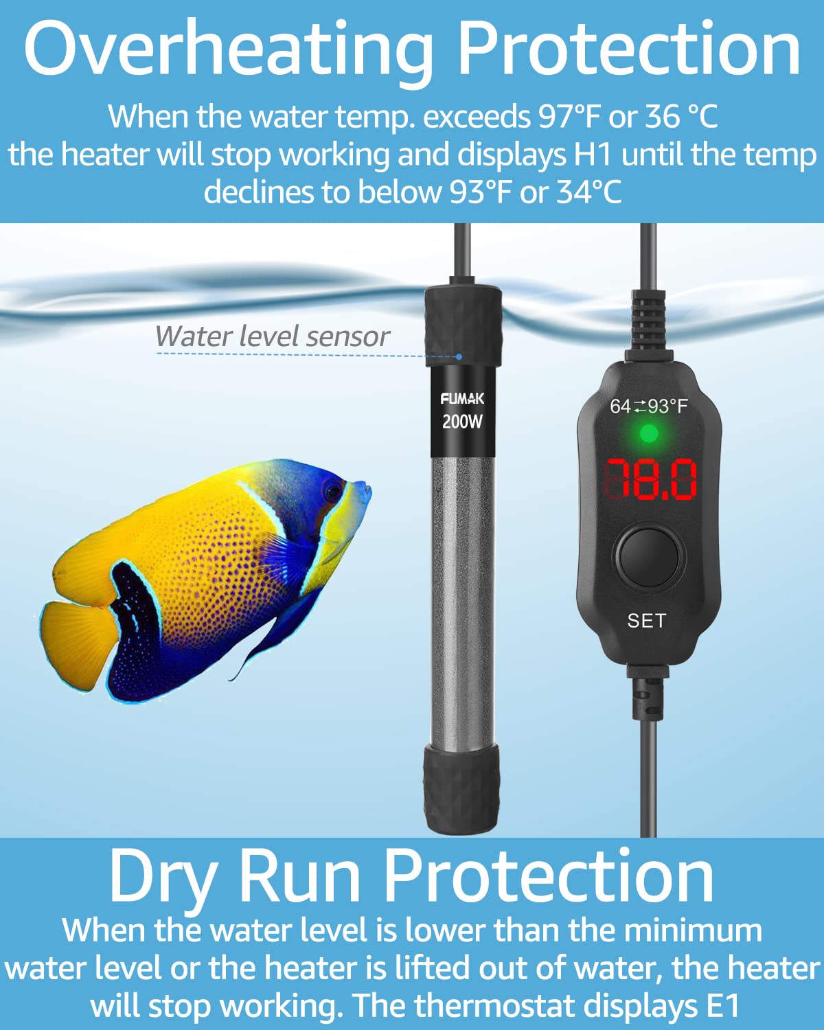 FUMAK 200W Adjustable Aquarium Heater Super Short Submersible Fish Tank Heater Fish Heater with LED Digital Display Thermostat,
