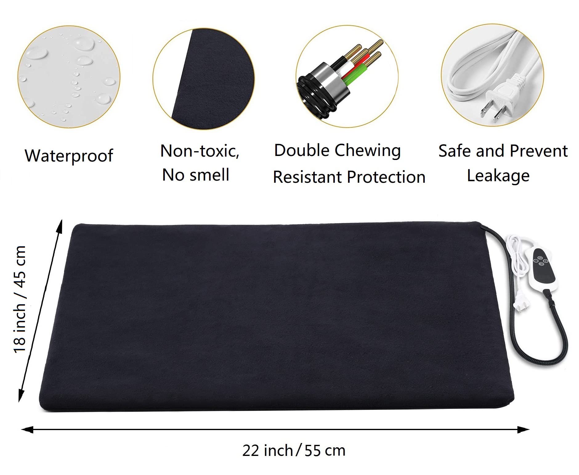 Tjoy Pet Heating Pad For Cats & Dogs - Adjustable Temperature Electric Heated Bed Mat With Timer, Waterproof Cat Warming Pad