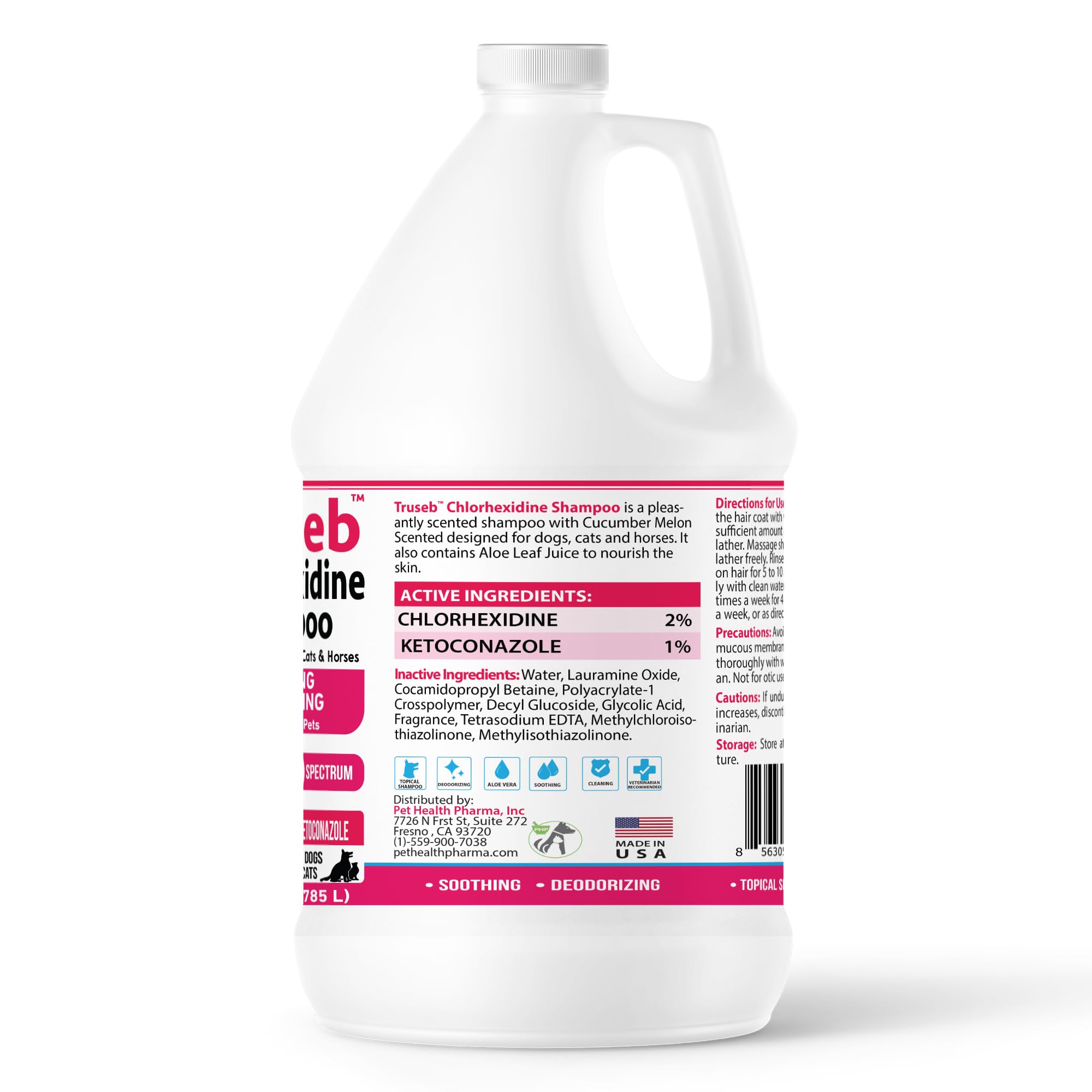 Pet Health Pharma Truseb Shampoo for Dogs, Cats & Horses - Ketoconazole & Chlorhexidine, 1 Gallon, Plastic, Cucumber Melon Scent