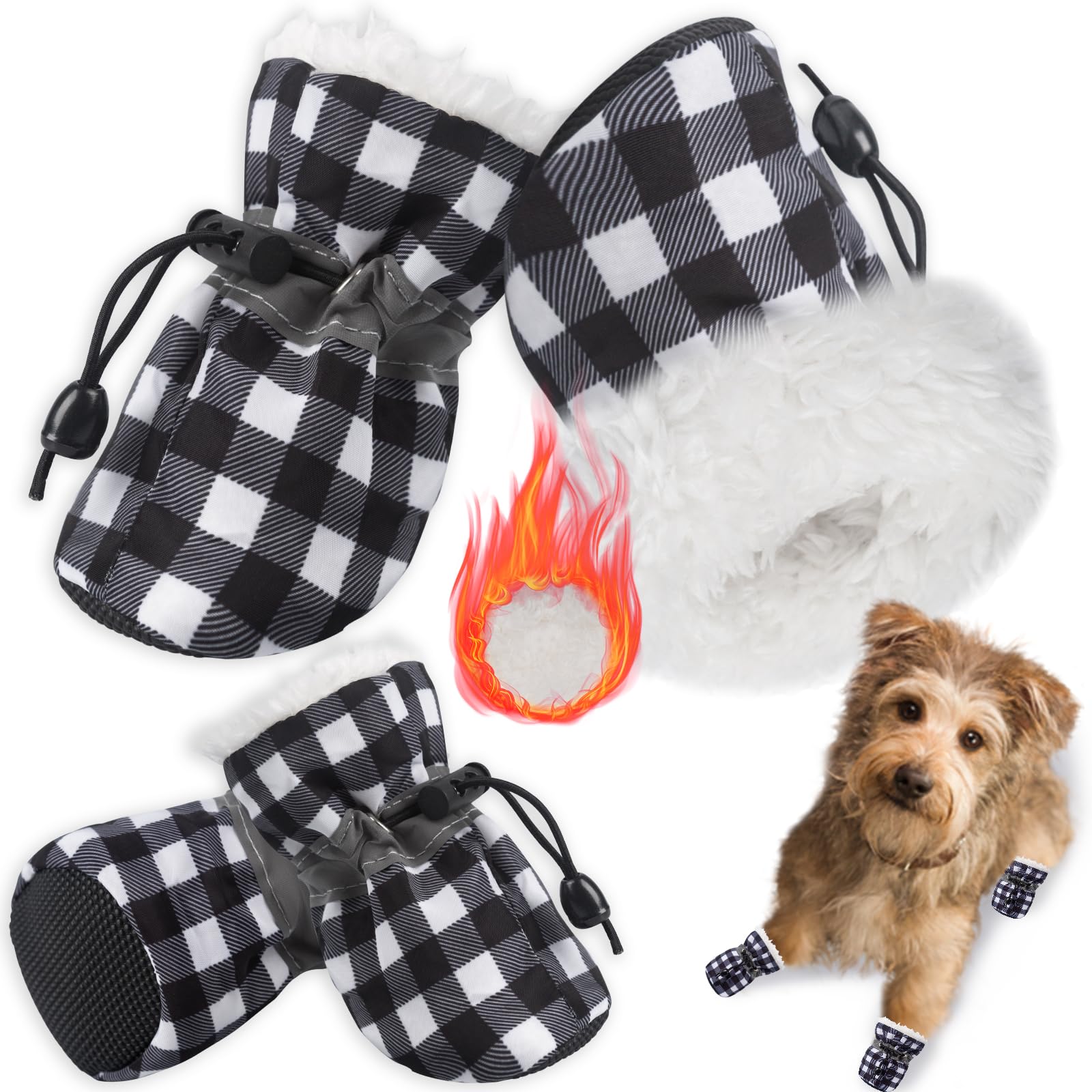 Teozzo Dog Snow Boots Dog Shoes For Small Medium Size Dogs Booties Paw Protector Warm Pet Boots For Puppies 4Pcs Black & White S