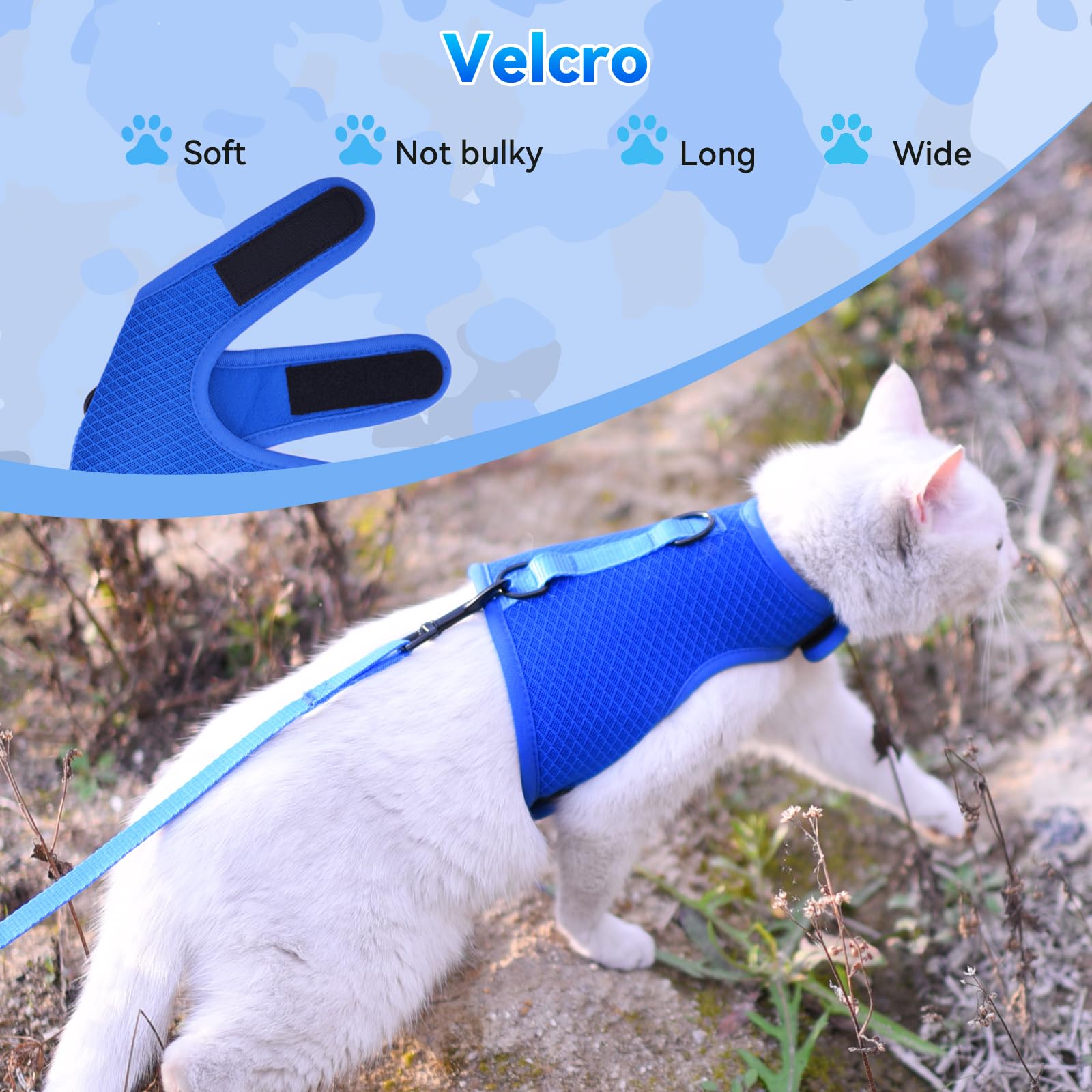 Cat Harness And Leash For Walking Escape Proof Breathable Mesh Fabric, Solid Blue, Medium, Adjustable Cat Walking Jackets, Padde