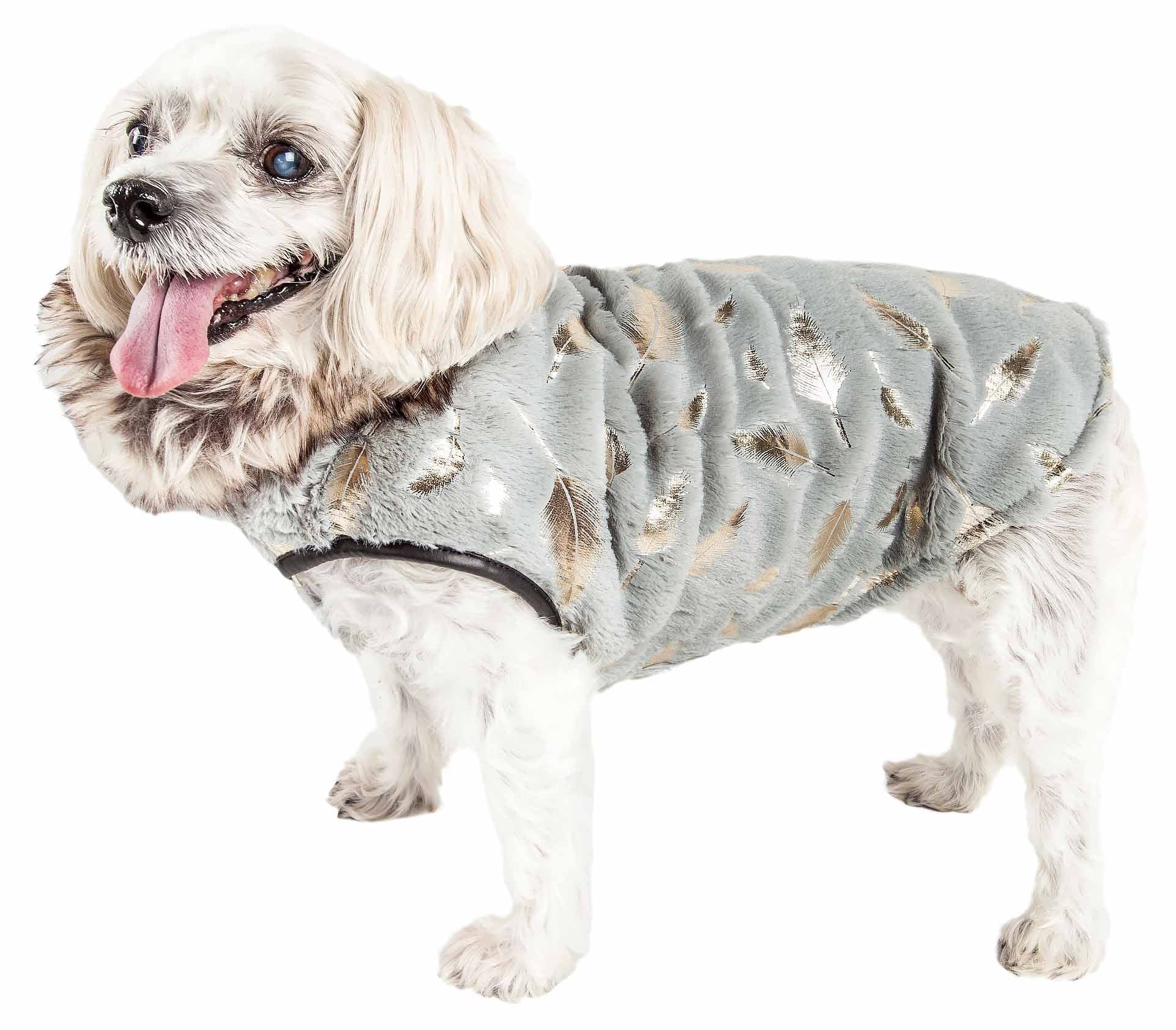 Pet Life  Luxe 'Gold-Wagger' Gold-Leaf Patterned Mink Fur Dog Coat - Dog Jacket with Hook-and-Loop Belly enclosures - Winter Dog