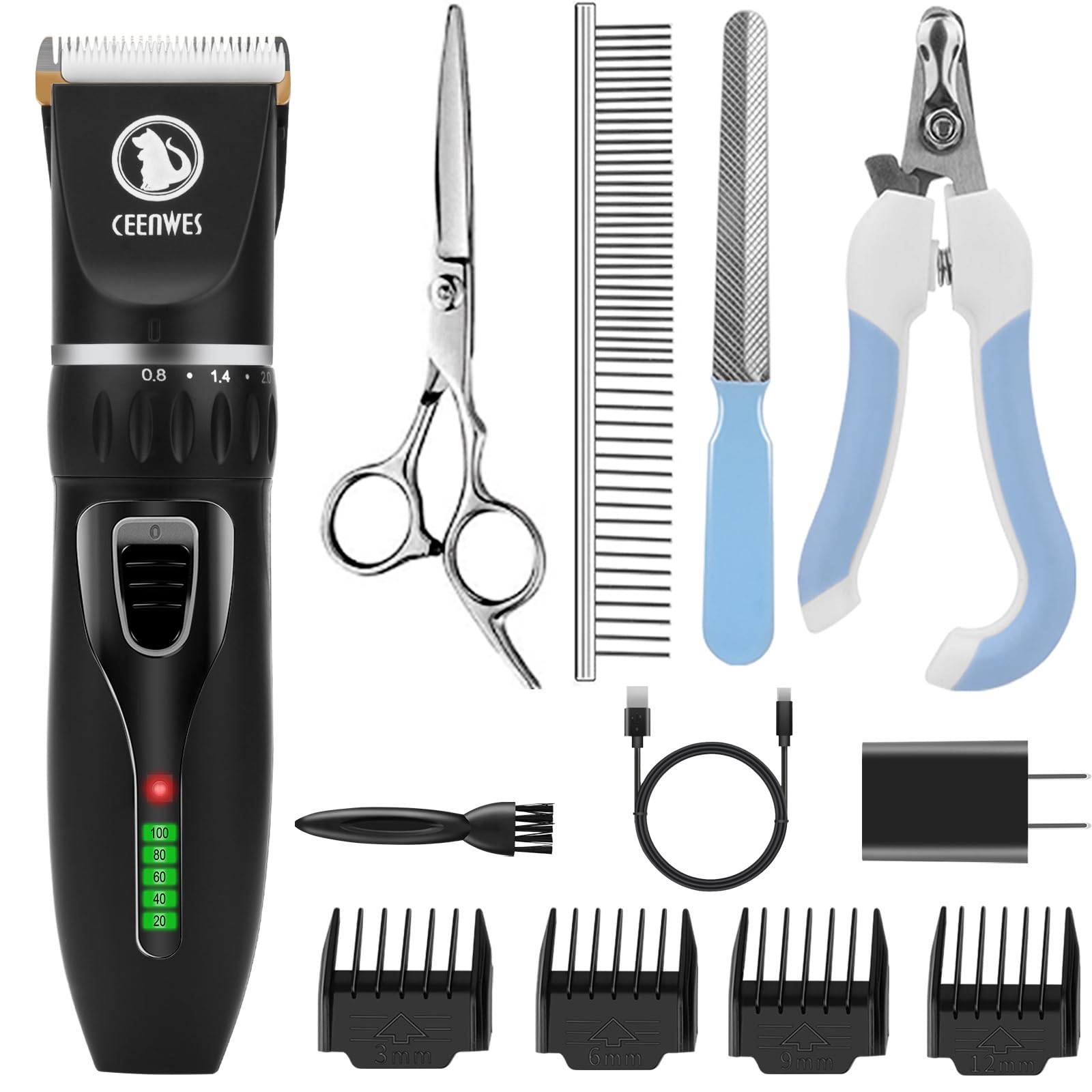 Ceenwes Ultra-Sharp Blade And Powerful Motor Dog Clippers, Black, 5 Size Fine Tuning Knob, Low Noise, Usb Chargeable, All-In-One