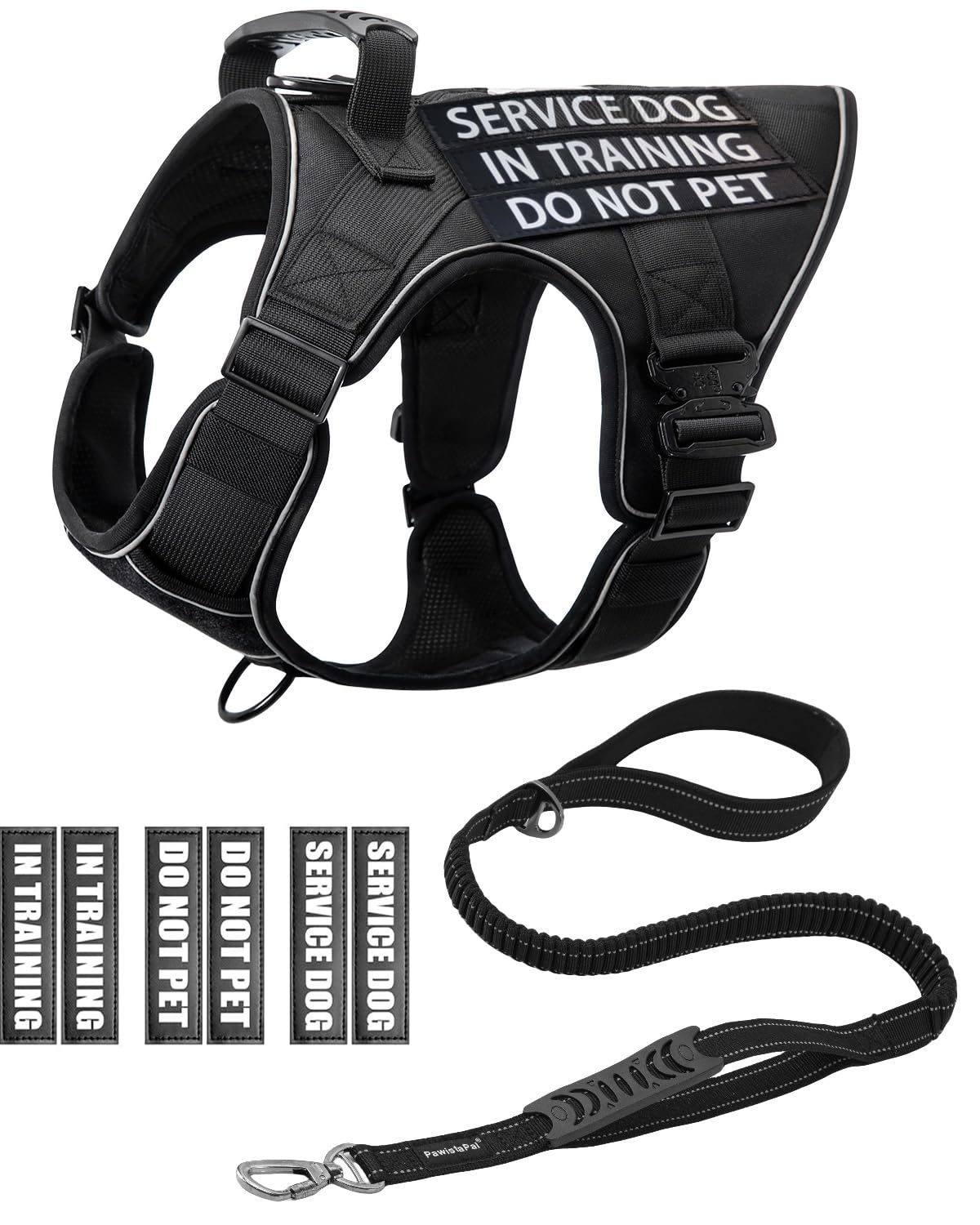 Reflective Service Dog In Training Vest Harness Leash Set For Extra Large Dogs, Adjustable Heavy Duty Black Padded Dog Harness, 