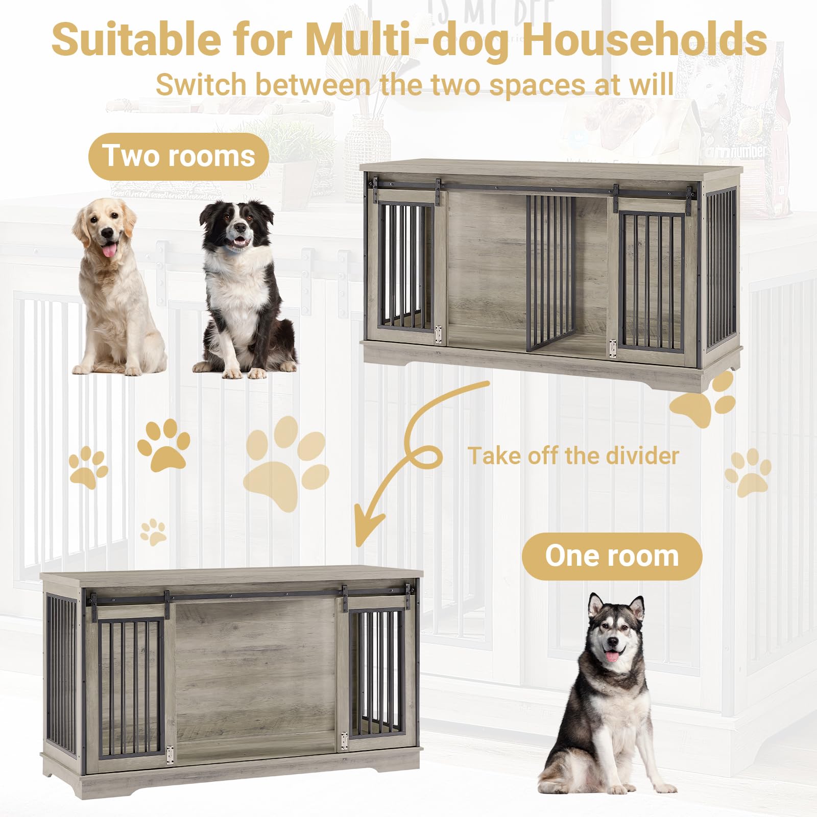Rovibek 61 Double Dog Crate Furniture for 2 Dogs, Large Double Dog Kennel Furniture TV Stand, Furniture Style Dog Crates End Tab