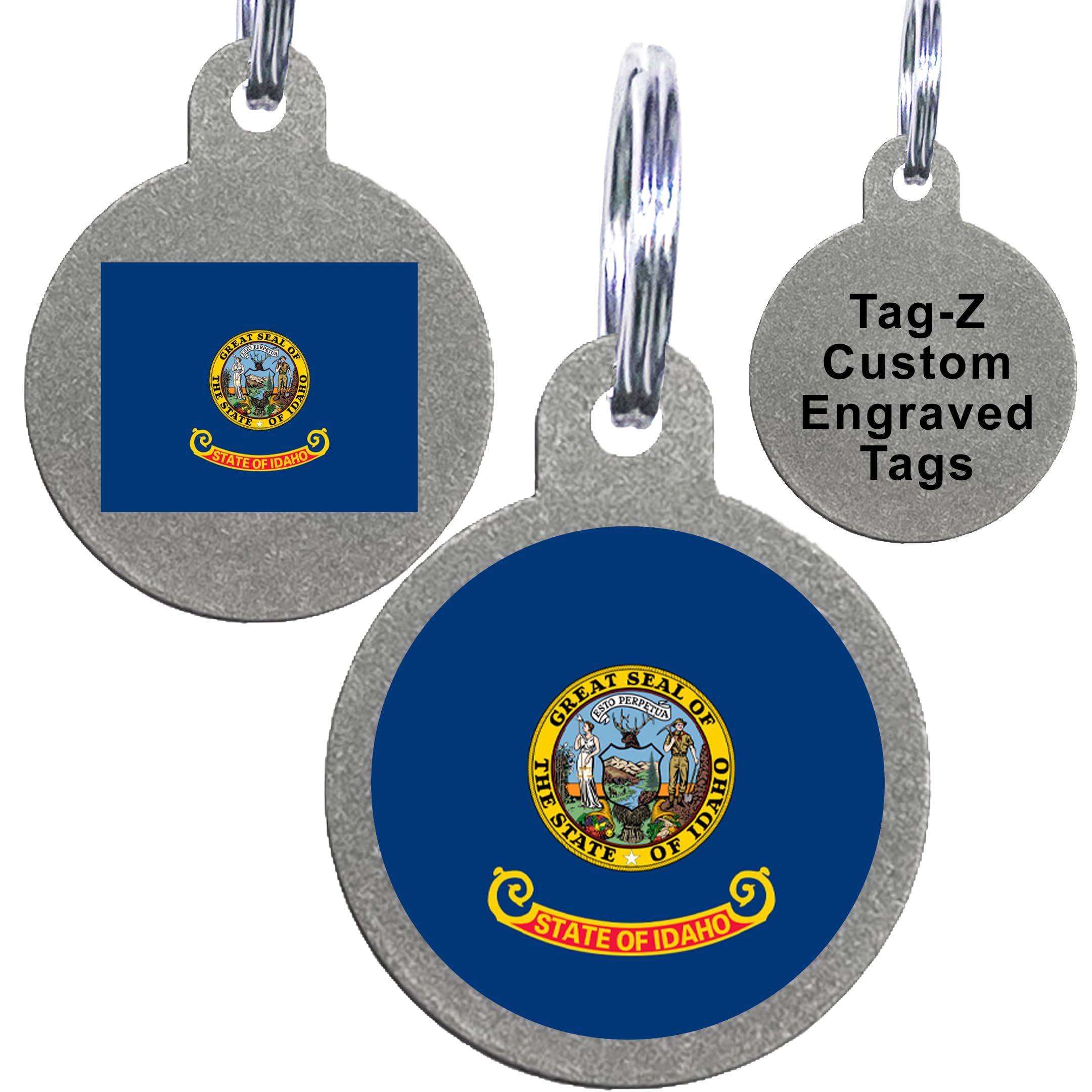Idaho Flag Pet Id Tags, Custom Printed And Laser Engraved Circle