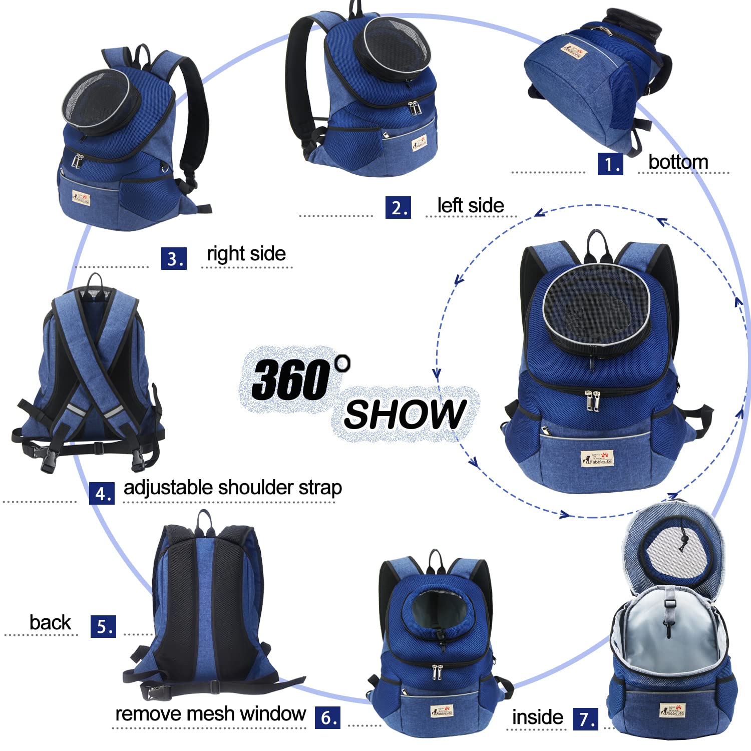 Rabbicute Pet Dog Carrier Backpack Adjustable Breathable Front Pack Head Out Removable Design Puppy Cat Dog Backpack For Small D