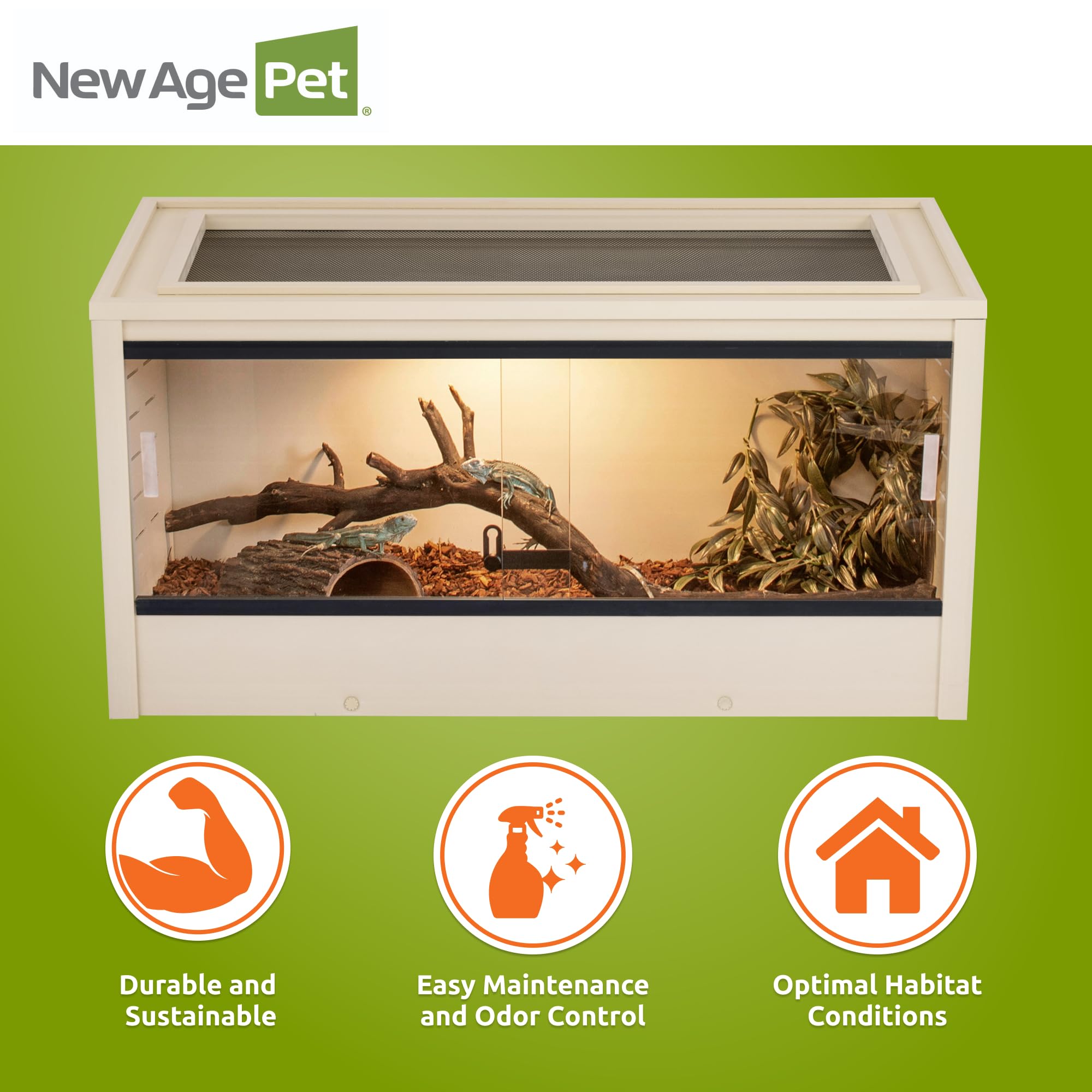 New Age Pet Ecoflex 36'' Mojave Reptile Lounge -Durable Wood Plastic Composite Habitat With Ventilation, Removable Glass Doors &