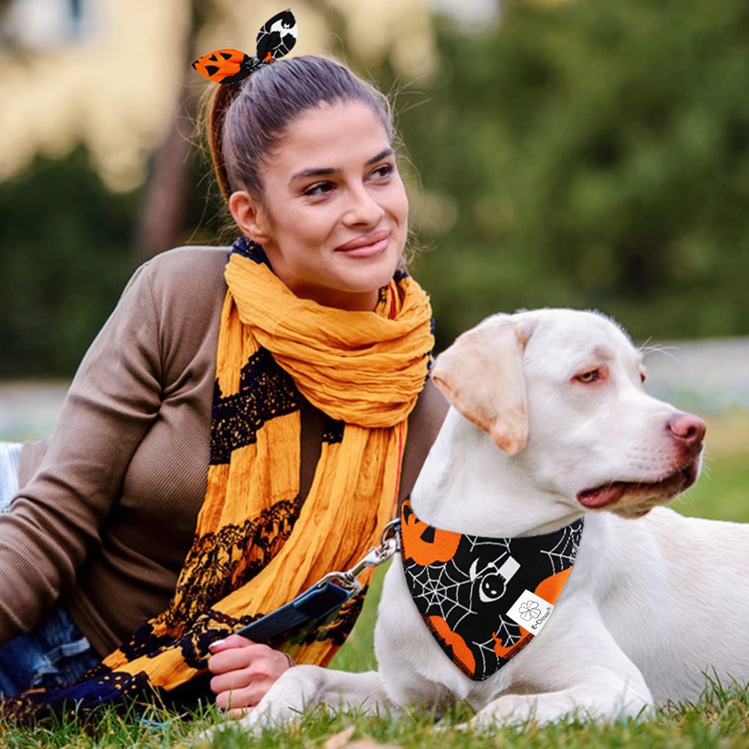 E-Clover Halloween Dog Bandanas-Pumpkin Dog Bandana Matching Scrunchie Triangle Pet Kerchief Scarf For Small Medium Large Dogs P