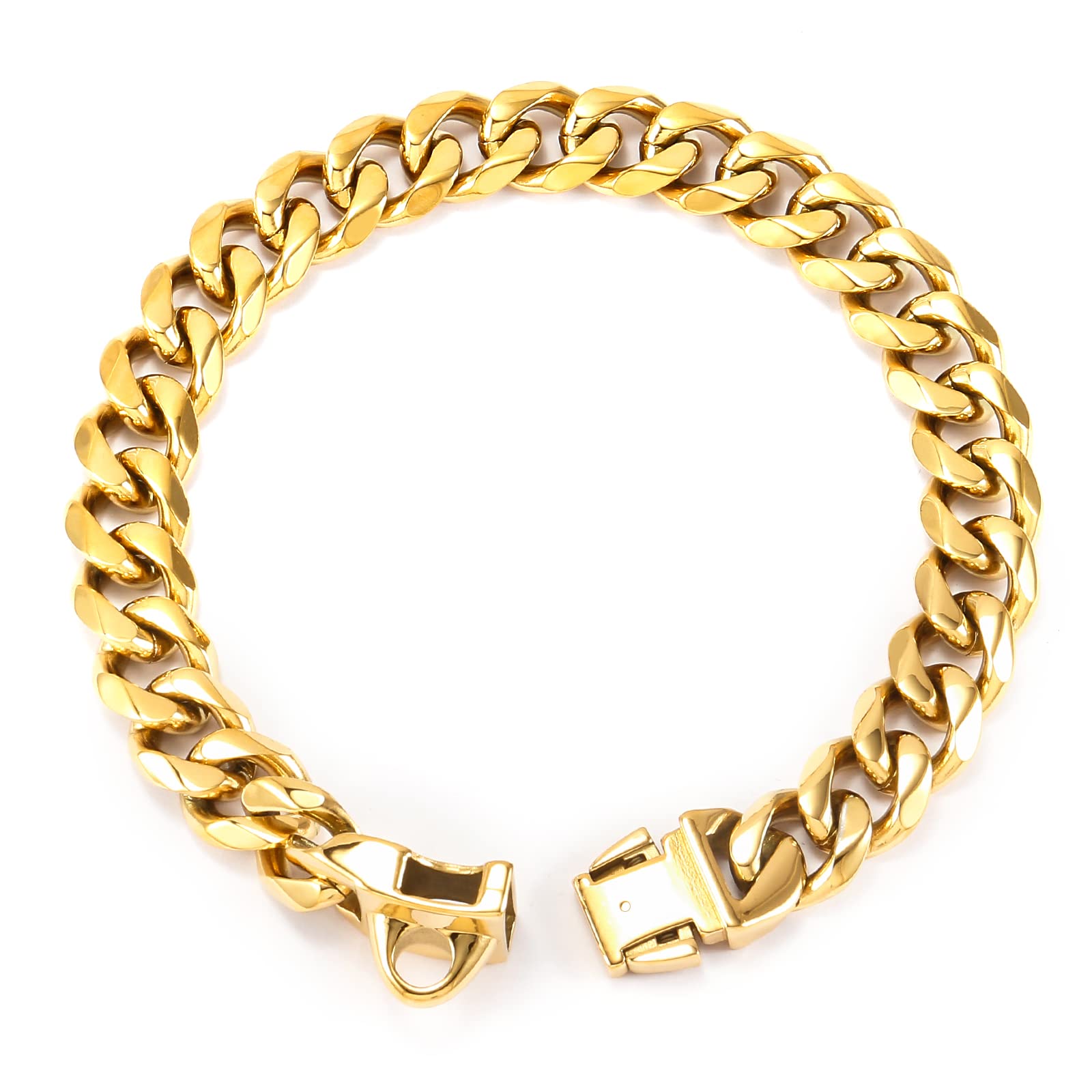 Captainsteel Stainless Steel Cuban Dog Collar, 19Mm Wide Medium/Large Dog Neck Chain - Length 15/16/18/20/22/24/26 Inch, Gold Plated/Stainless Steel Heavy Duty Dog Collar