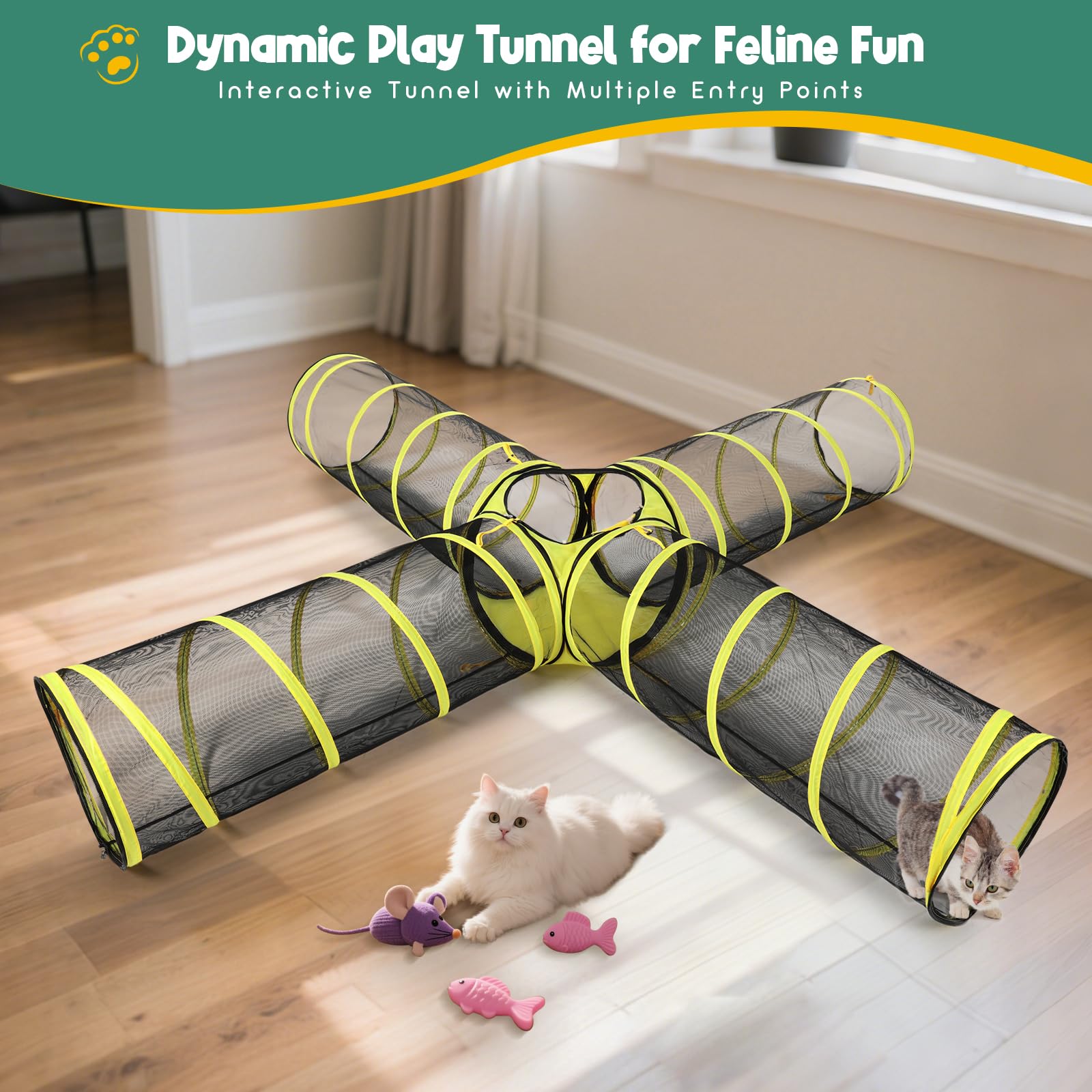 4-Way Cat Tunnel With Central Cube - Portable Mesh Playhouse For Indoor & Outdoor Use - Tent For Cats, Rabbits, And Small Pets