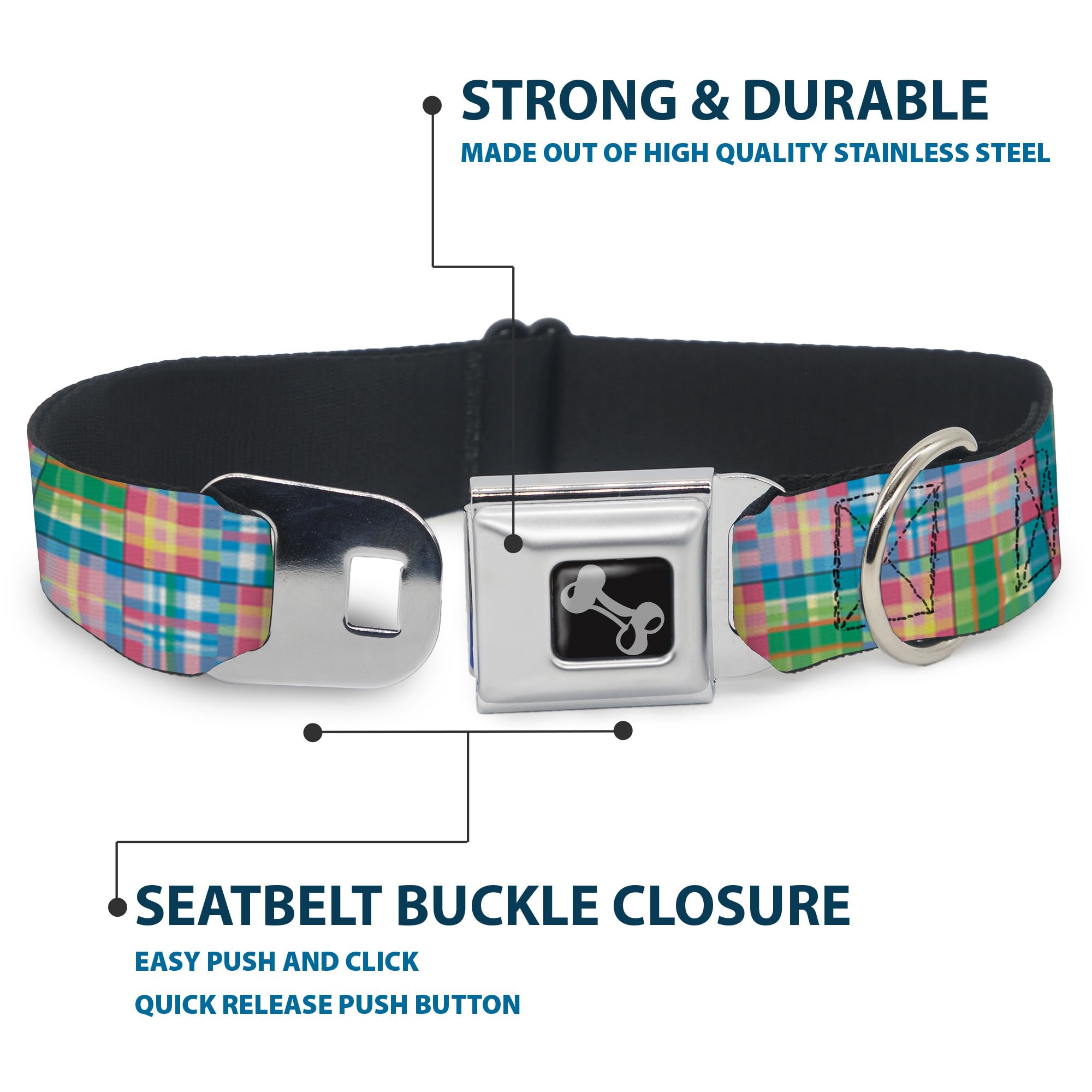 Buckle-Down Seatbelt Buckle Dog Collar - Madras Plaid Pink - 1.5' Wide - Fits 13-18' Neck - Small