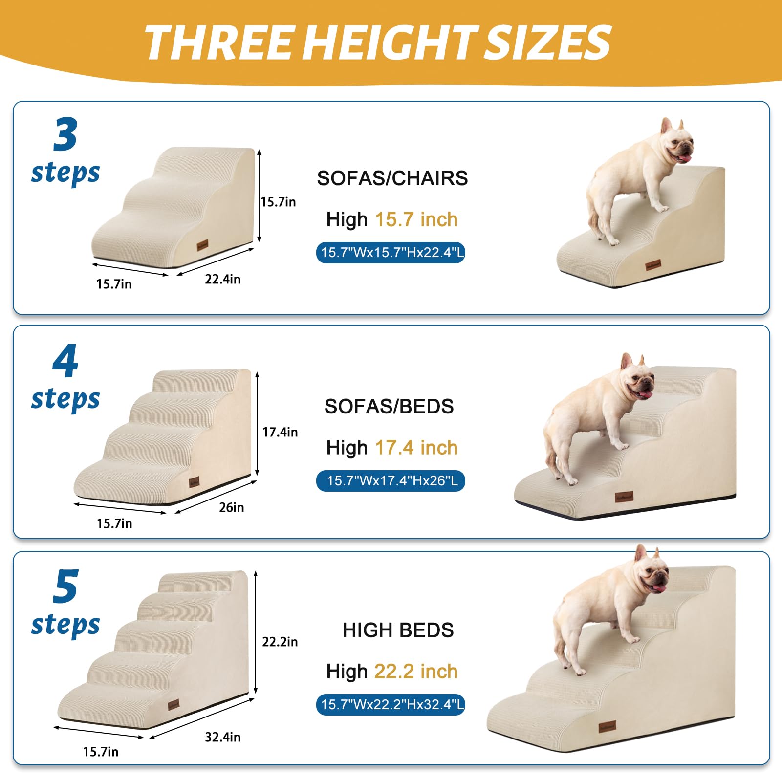 Aodisman 5-Step Dog Stairs and Ramp for High Bed,Non-Slip Sturdy Pet Steps for Small Dogs and Cats,22.2 H,Beige