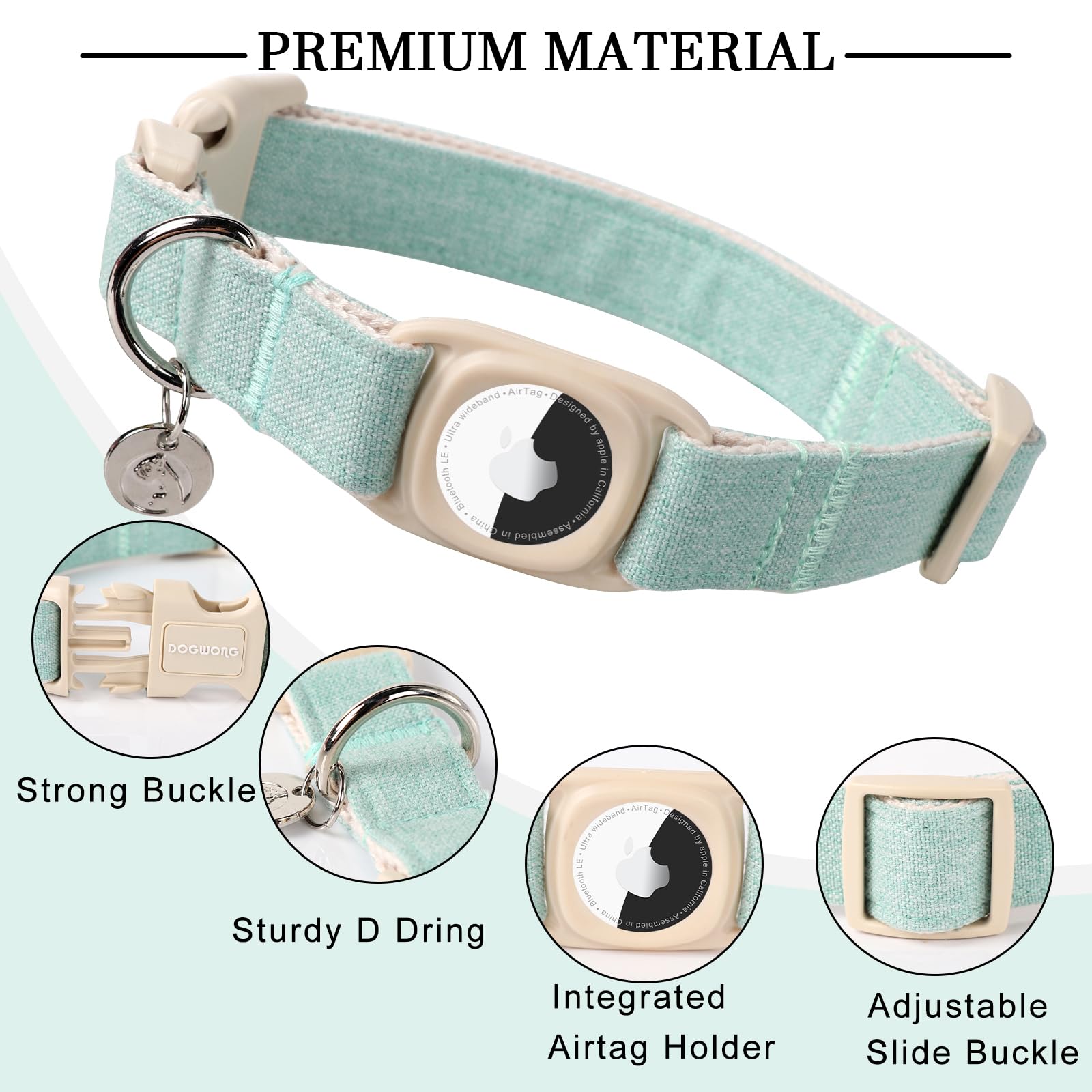 Dogwong Airtag Cotton Hemp Dog Collar, Heavy-Duty With Airtag Holder For Small, Medium, Large Dogs In New Lake Green