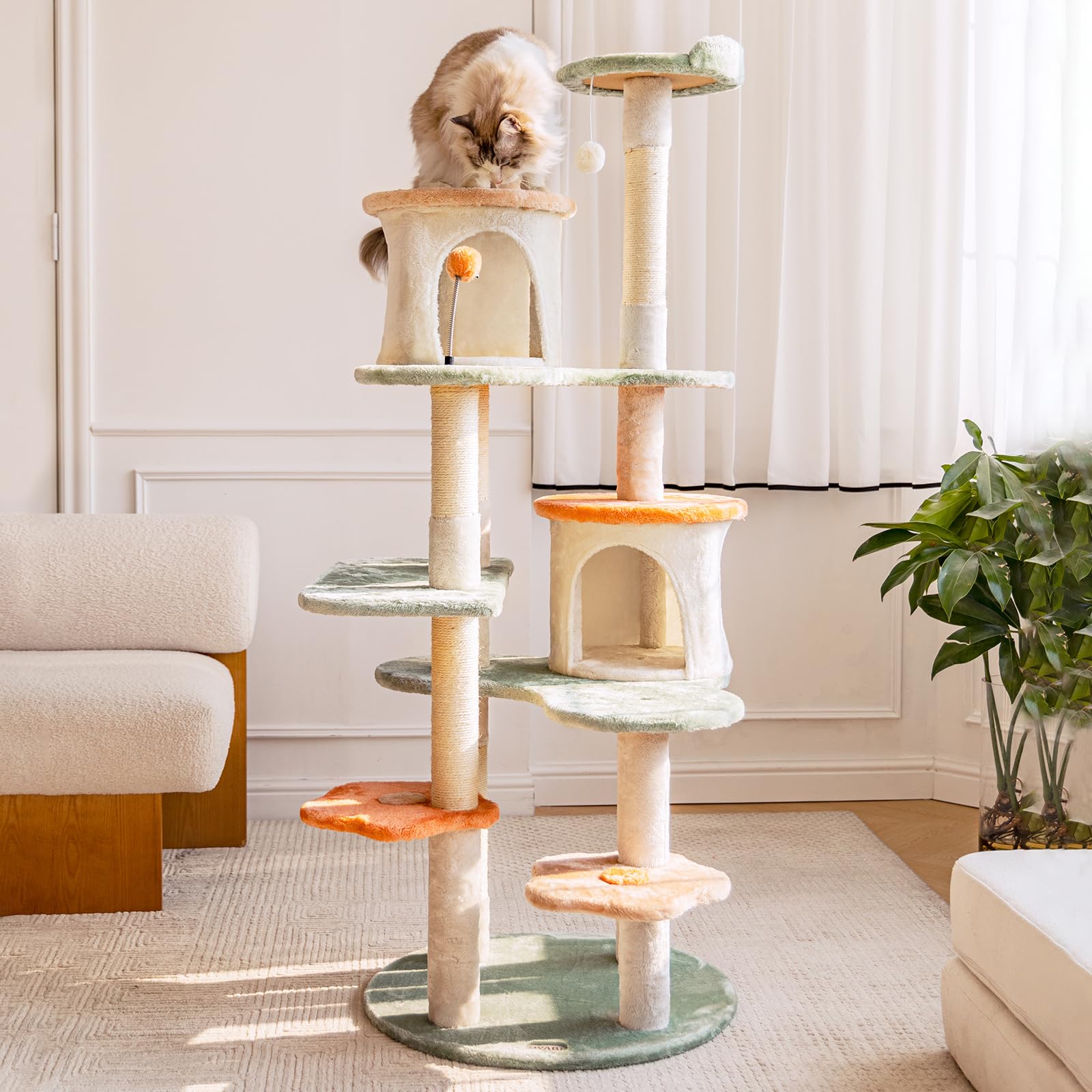 HYABi 63-inch Cat Tree for Large Cats, Multi-Level Flower Tower with Condo, Sisal Scratching Posts & Toy Balls, Sturdy & Safe In