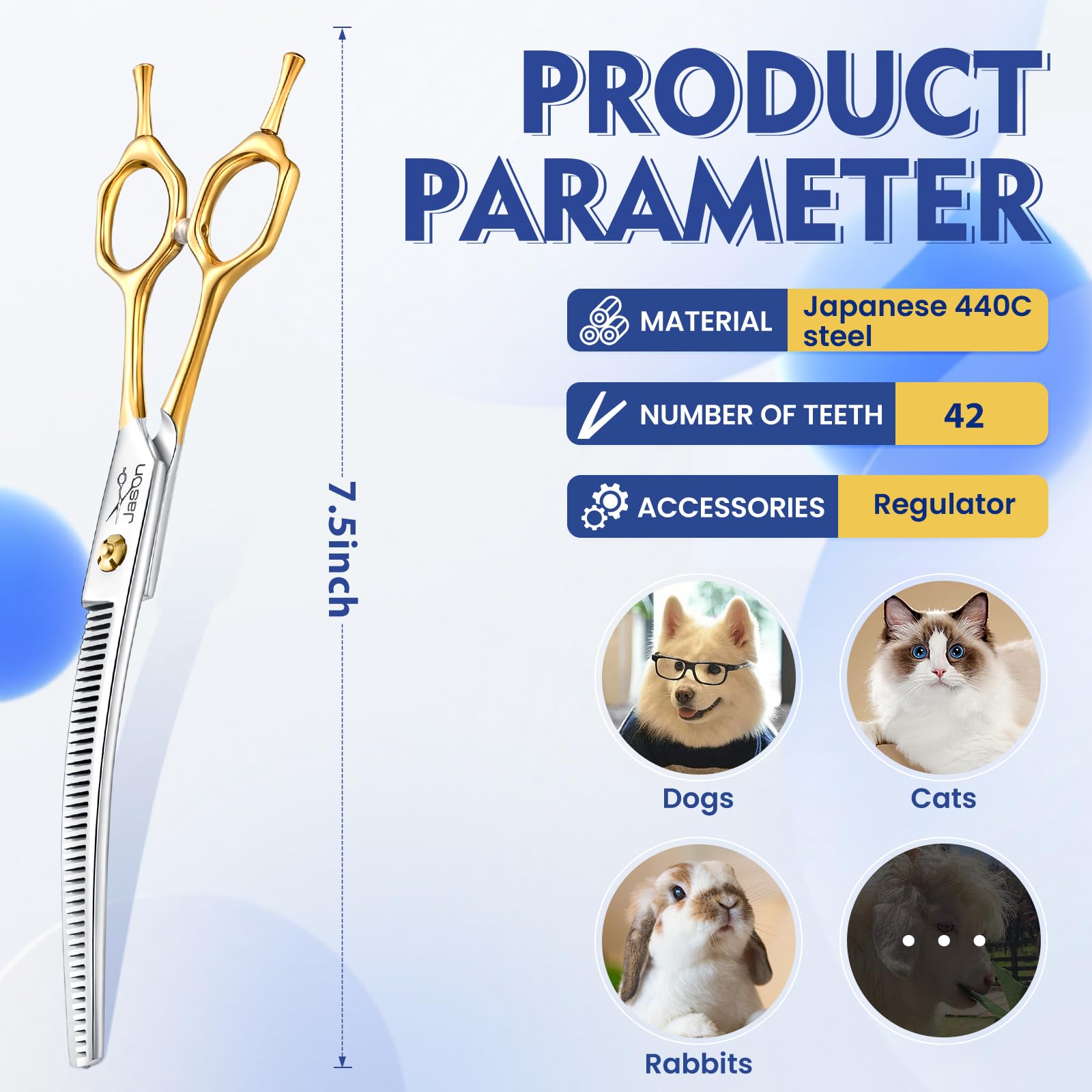 JASON Dog Grooming Scissors - 7.5" Curved Thinner, Ergonomic 440C Stainless Steel, Curved Blender Shears for Professional Groomers