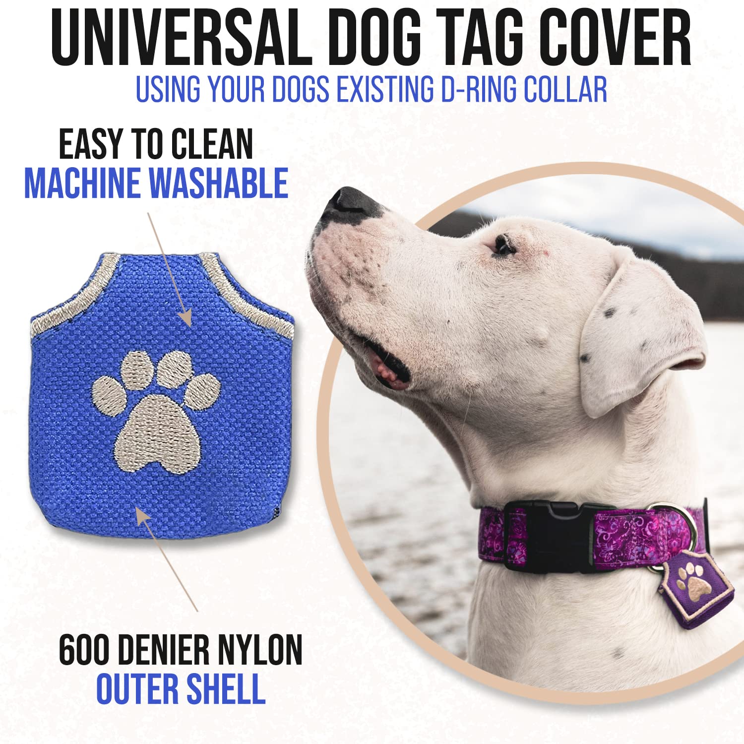 Woofhoof Dog Tag Silencer, Blue Pawprint, Fits 4 IDs, Durable Nylon, 1.75" x 1.75", Machine Washable, Peace Tag