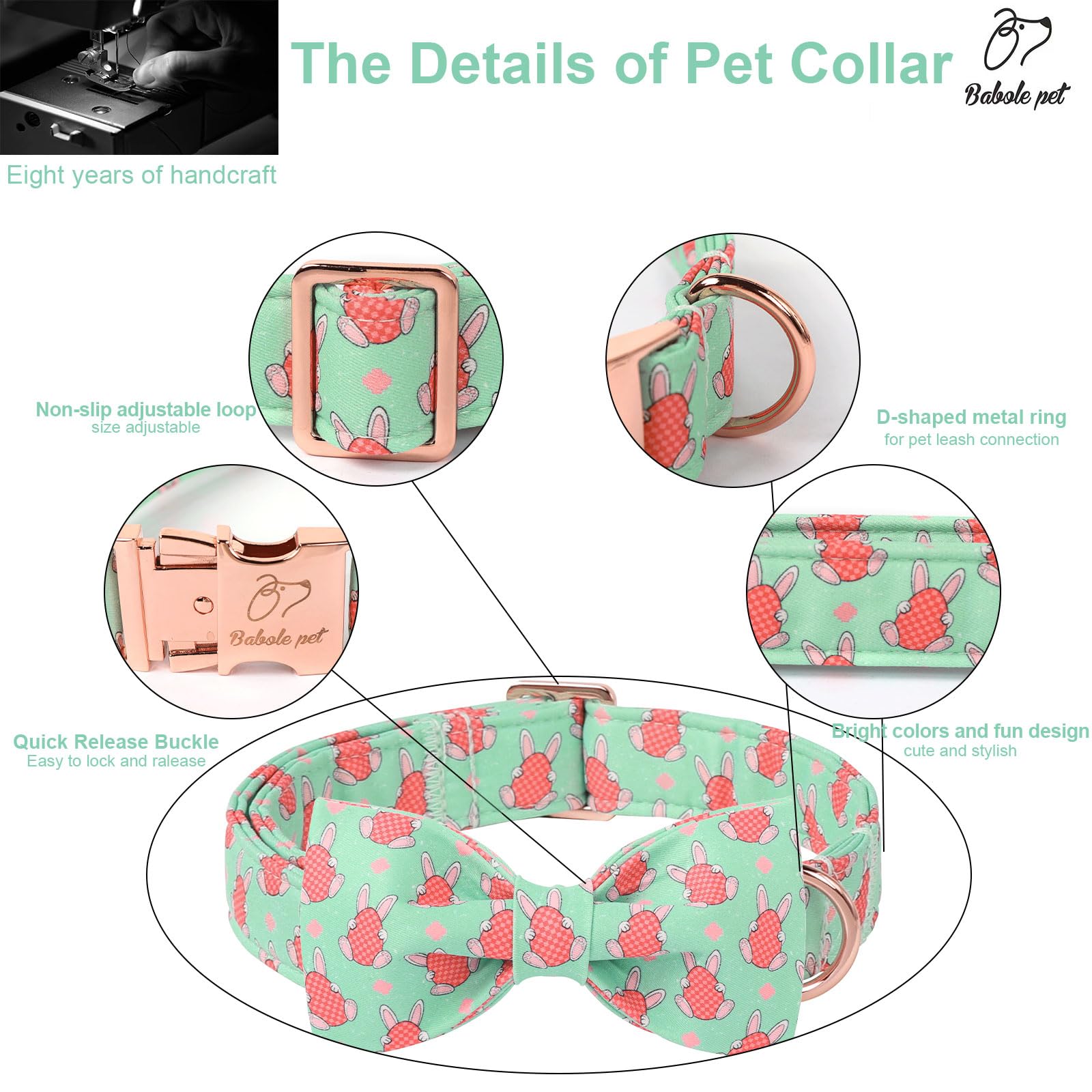 Babole Pet Dog Collar With Easter Bunny Egg Pattern Bow Tie - Adjustable Heavy Duty Spring Bowtie Collar For Small Medium Large