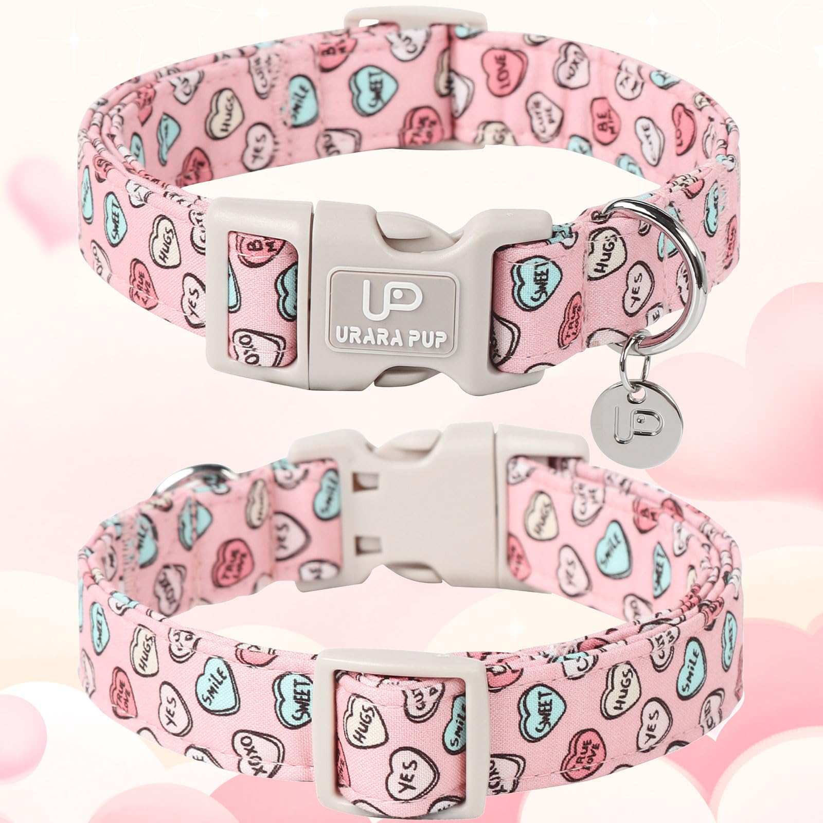 Up Urara Pup Pink Heart Dog Collar, Valentine'S Gift For Puppy, Small Medium Dogs, Cotton, Unique Craftsmanship Design