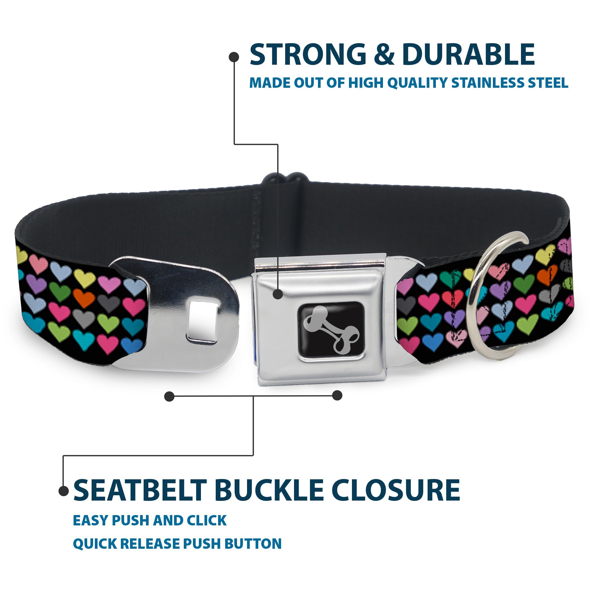 Buckle-Down 15-26 Mini Hearts Black/Multi Color Dog Collar Bone, Large