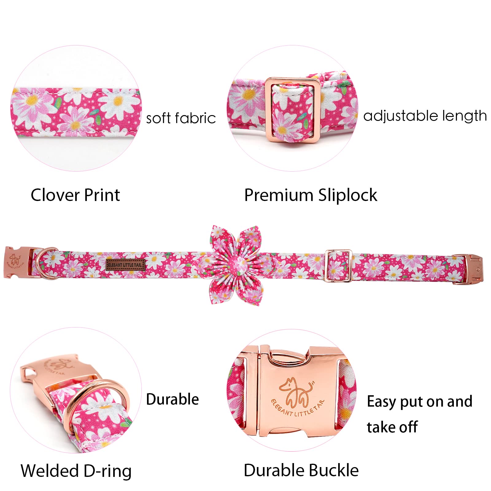 Elegant Little Tail Girl Dog Collar with Flowers - Pink Floral Pattern, Adjustable for X-Large Dogs