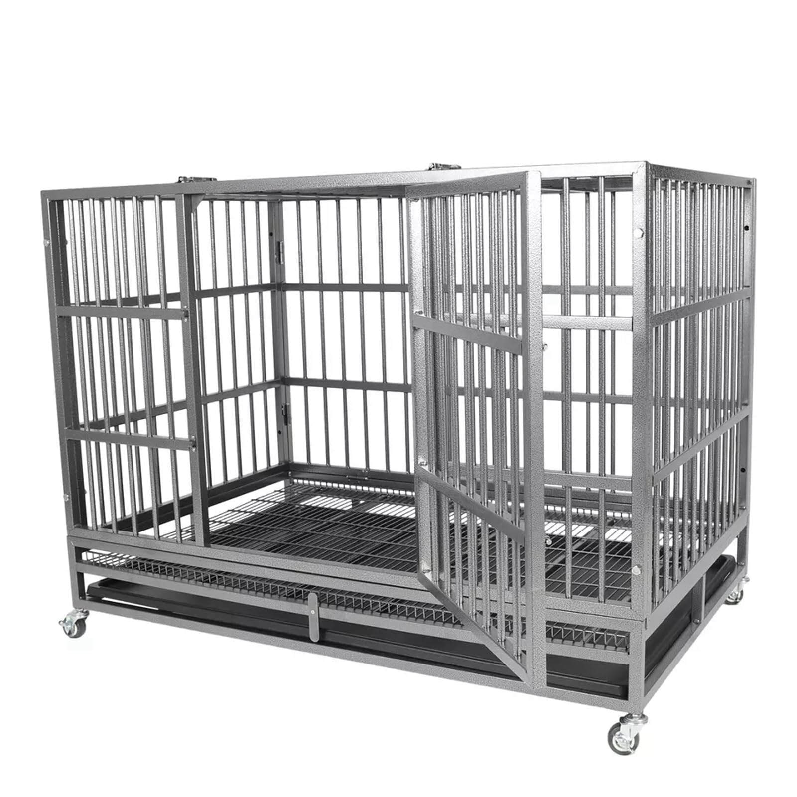 Indestructible Dog Crate Cage Kennel, 47 Inches, High Anxiety Dog Crate With Removable Trays, Wheels And Double Door, For Medium