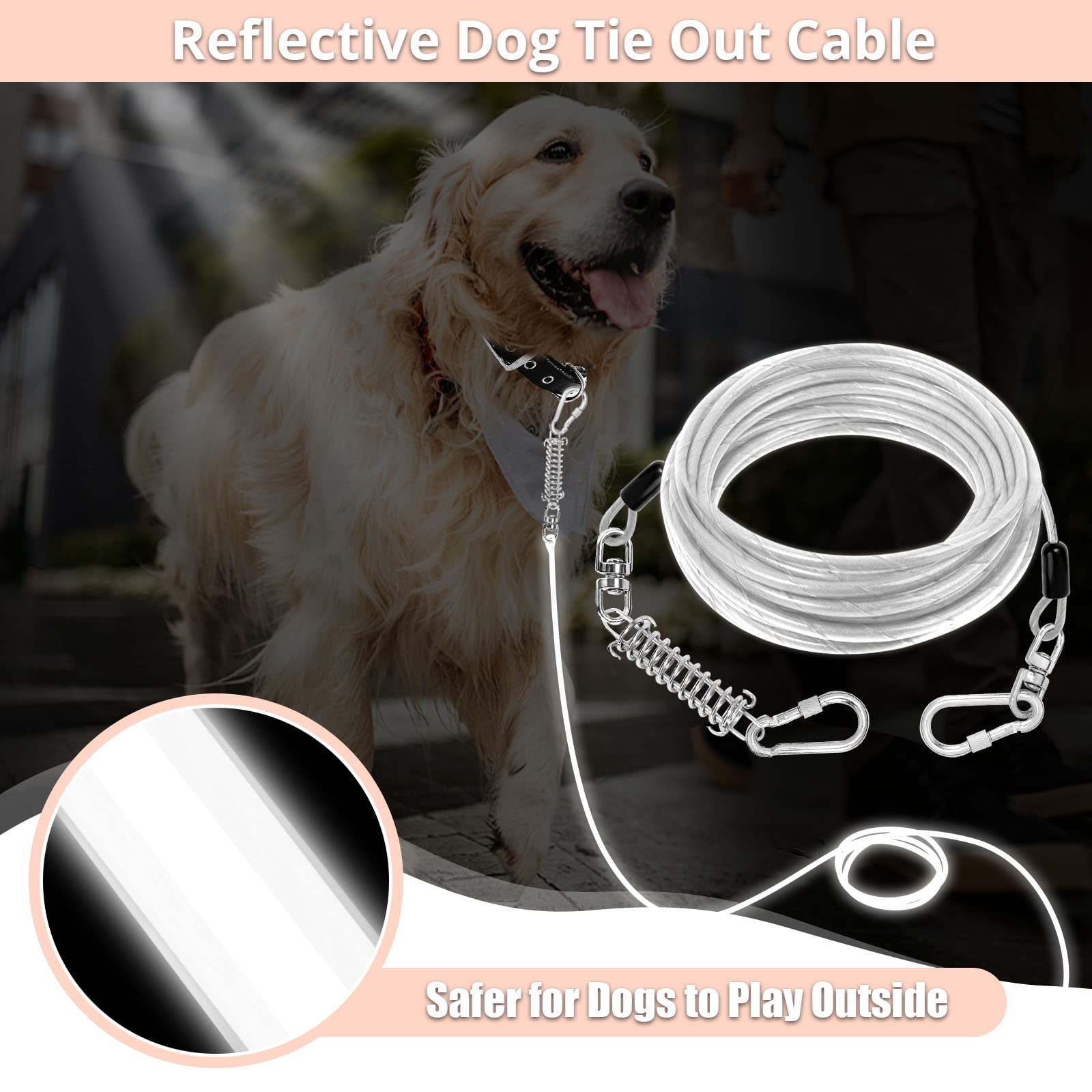 Dog Tie Out Cable: Reflective 150 Ft Heavy Duty Dogs Chain For Outside With Shock Absorbing Spring - Dog Runner Leash For Yard C