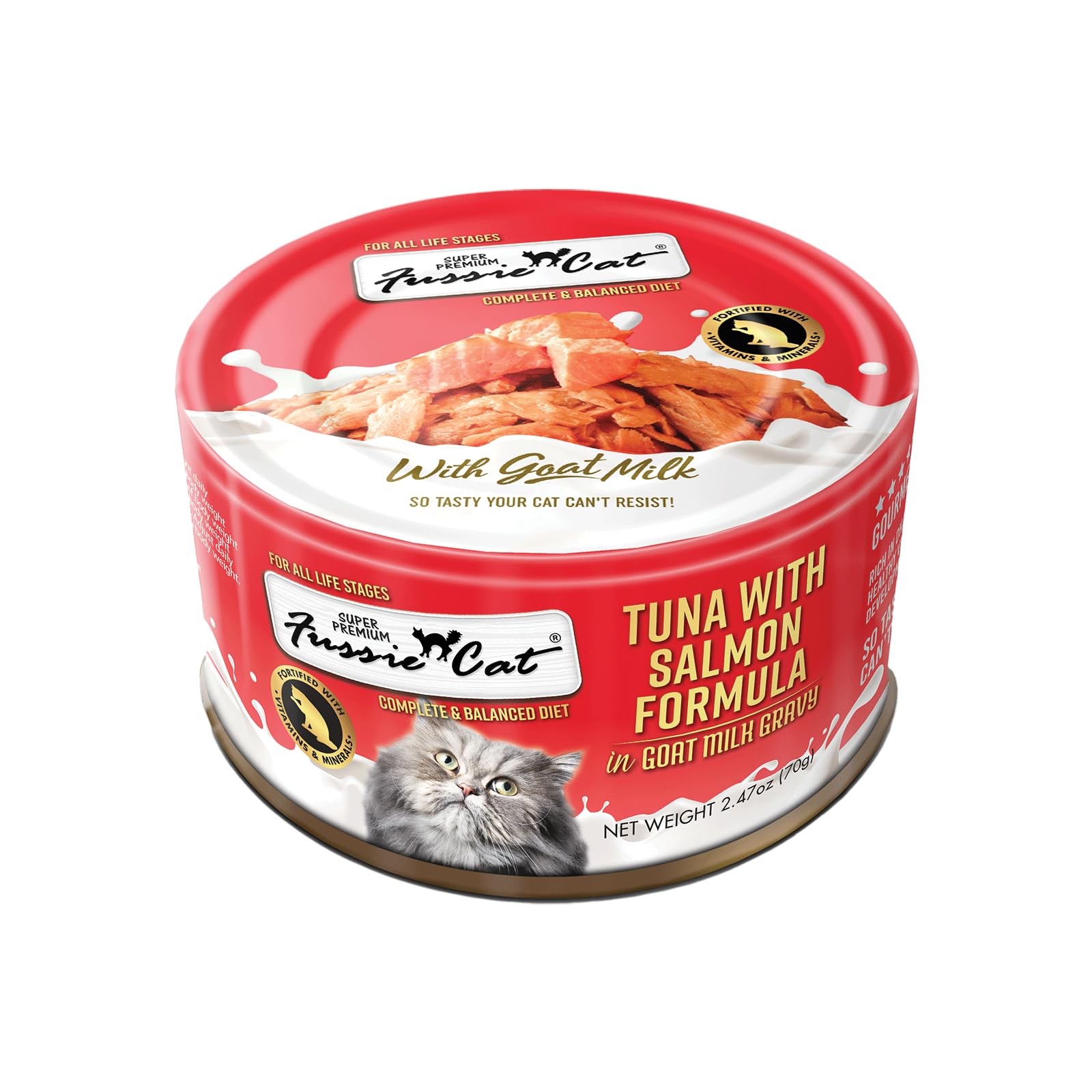 Fussie Cat Premium Canned Wet Cat Food in Goat Milk Gravy - 2.47 oz Cans - Case of 24 Cans (Tuna & Salmon)