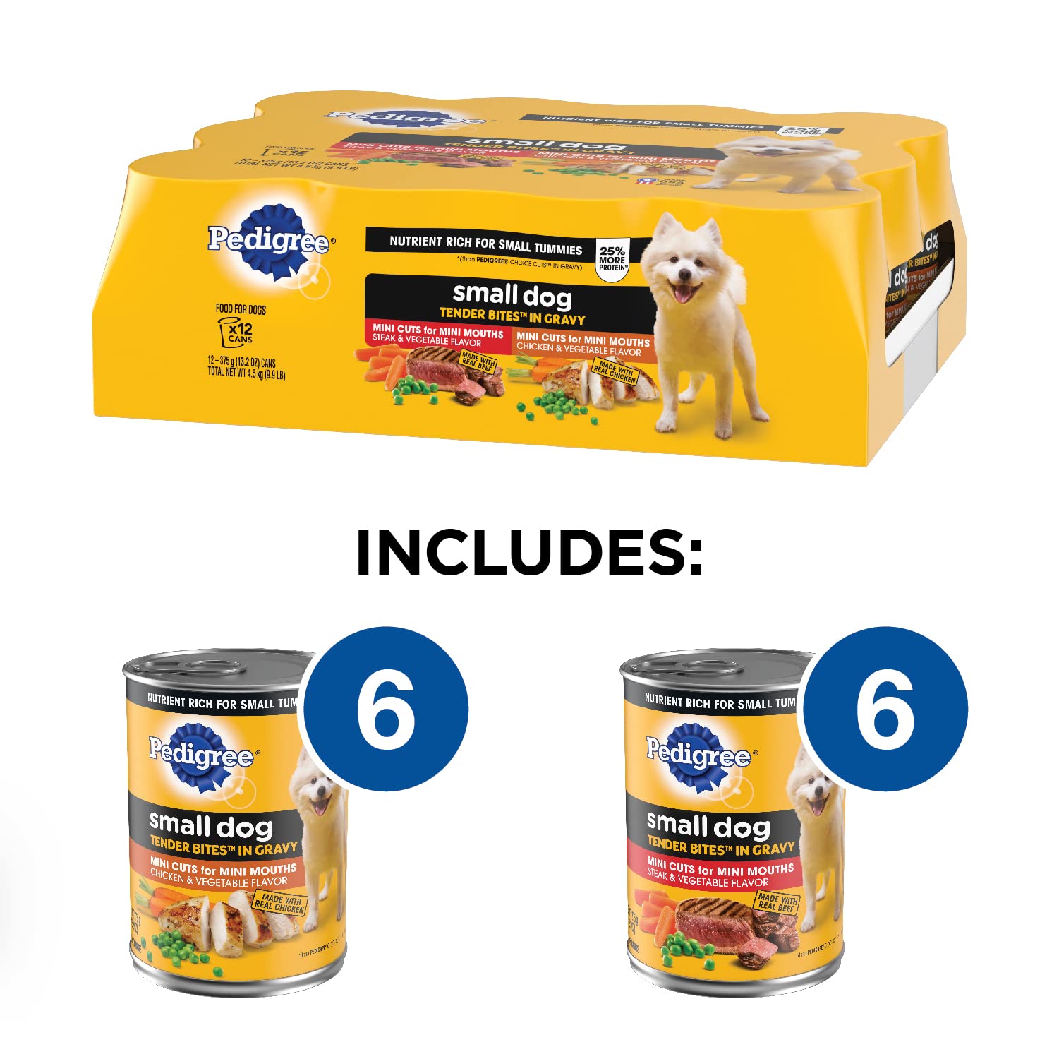 Pedigree Small Dog Tender Bites in Gravy Wet Dog Food, Steak & Chicken Variety Pack, 13.2 oz. Cans (12 Count, Pack of 1)