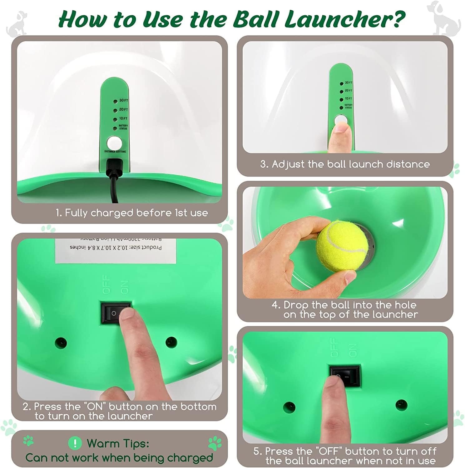 SOCO Automatic Ball Launcher for Small Dogs, USB Rechargeable, 10-30 Ft Range, Green, Includes 15 Mini Tennis Balls, Model ATBLG15