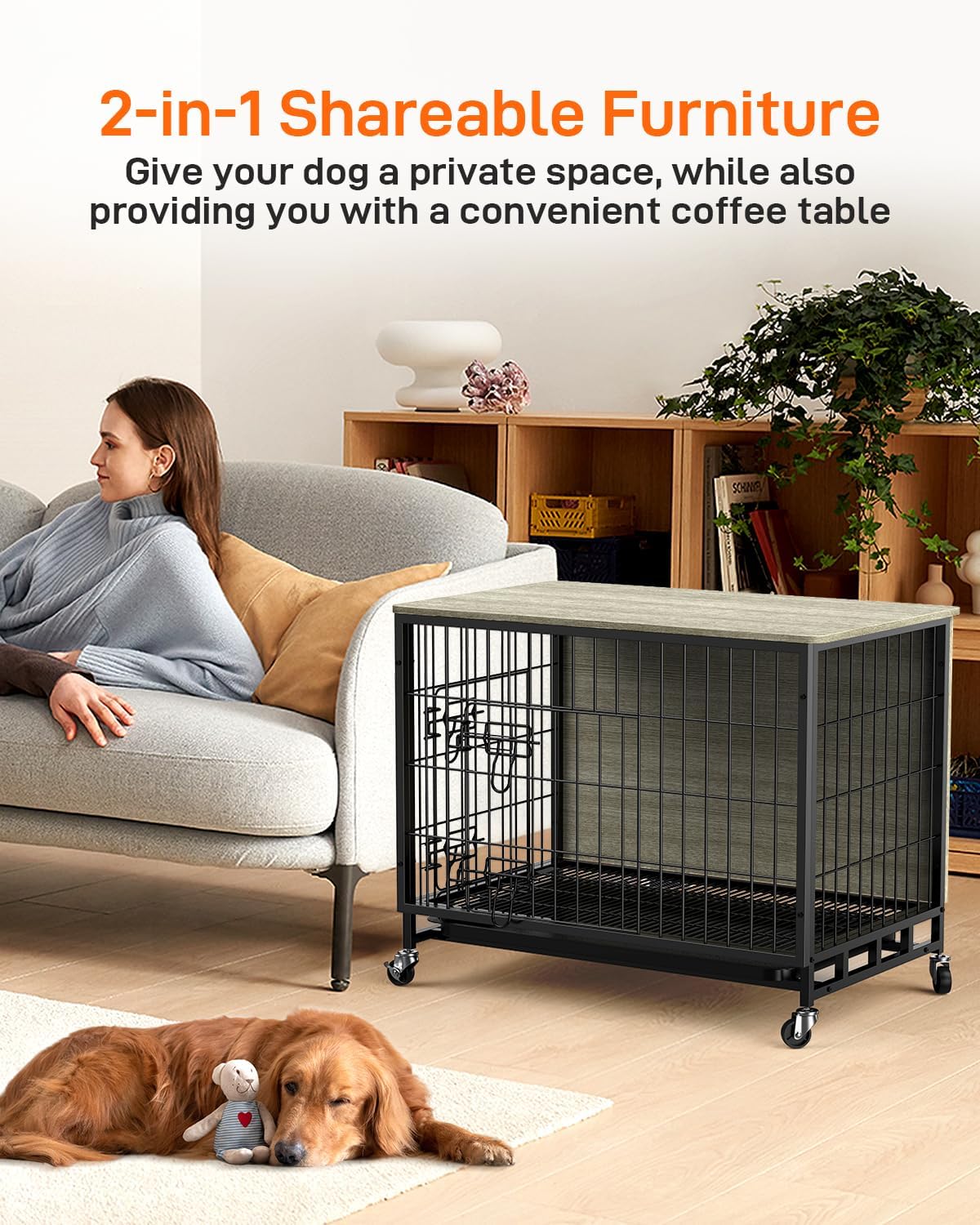 Dog Crate Furniture, 32.5 Wooden Dog Crate with Double Doors & Wheels, Upgraded Medium Dog Kennel End Table, Indoor Dog Cage Dog