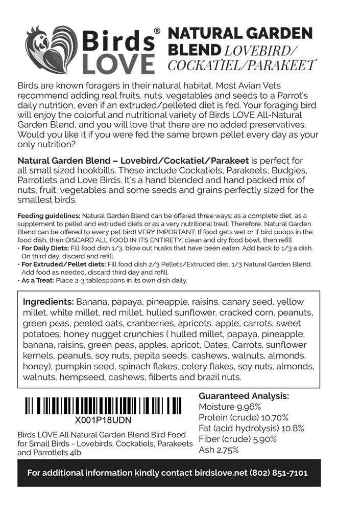 Birds LOVE All Natural Garden Blend Bird Food for Small Birds - Lovebirds, Cockatiels, Parakeets and Parrotlets 4lb