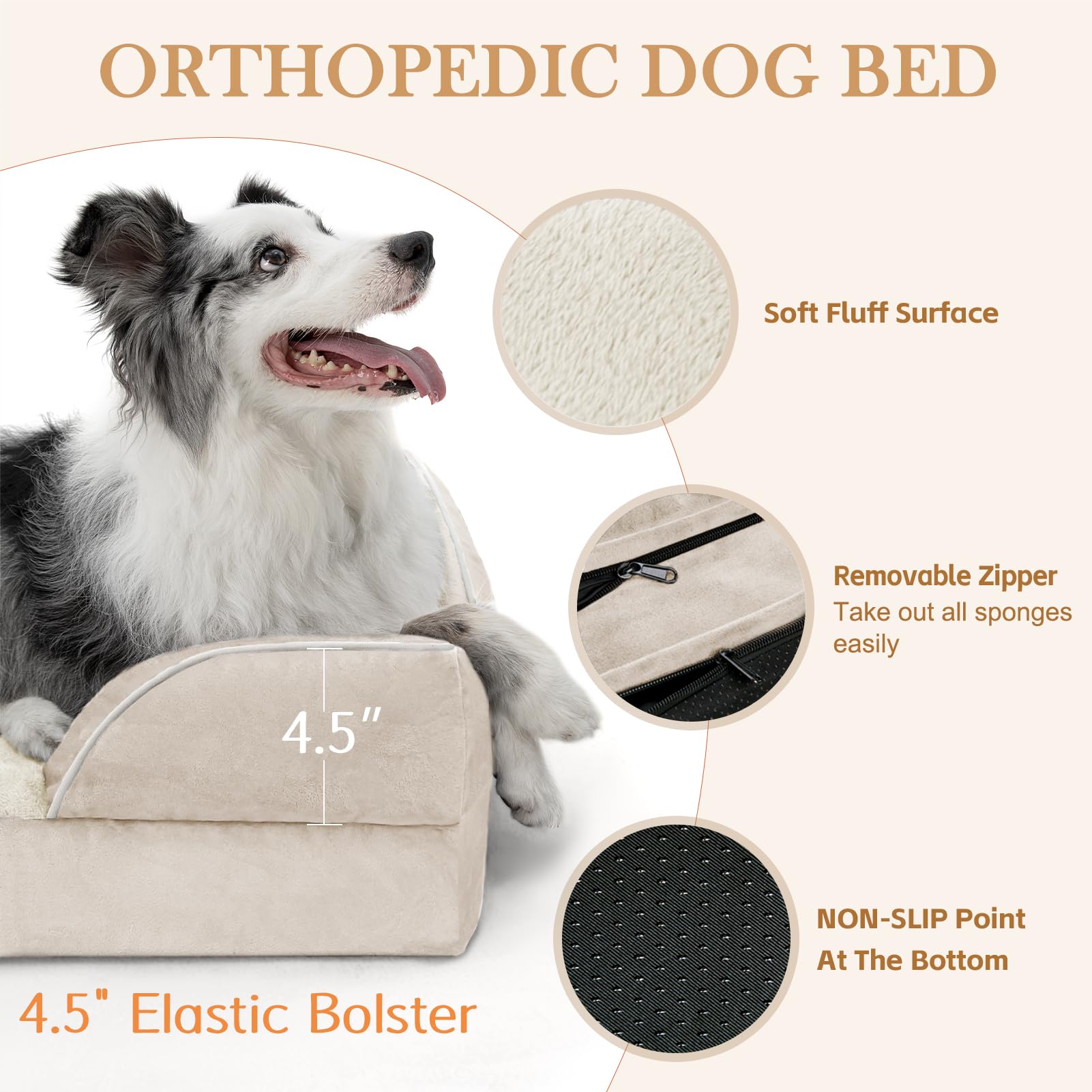 Comfort Expression Waterproof Dog Beds For Large Breed Dogs, Large Dog Beds Orthopedic Foam, Comfy Pet Bed Sofa With Washable Removable Cover & Non-Slip Bottom(Large,Beige)