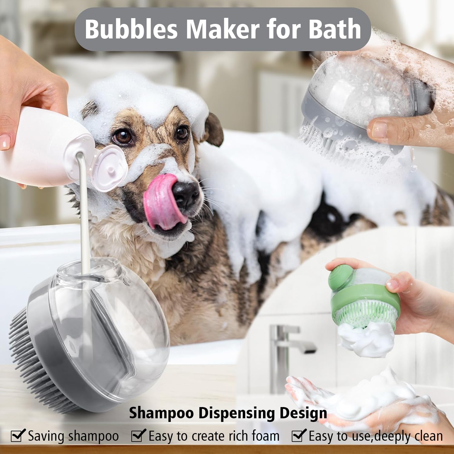 Kwispel Dog Bath Scrubber Brush, 2 Pcs Pet Dog Grooming Massage Shampoo Bath Brush With Soap And Shampoo Dispenser Soft Silicone