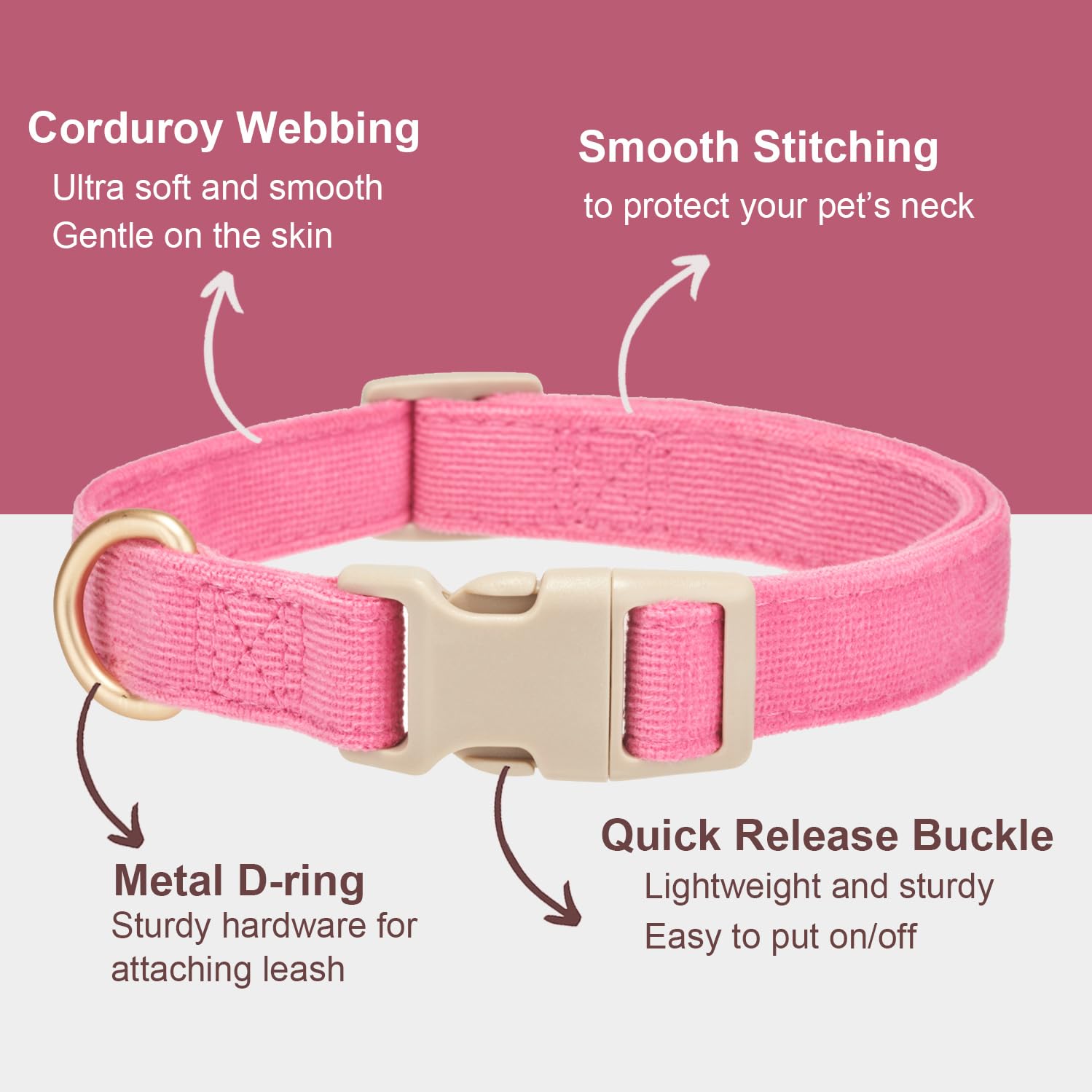 Yudote Soft Cotton Dog Collar Adjustable Corduroy Dog Collars For Small Medium Large Female Dogs(Hot Pink,Small)