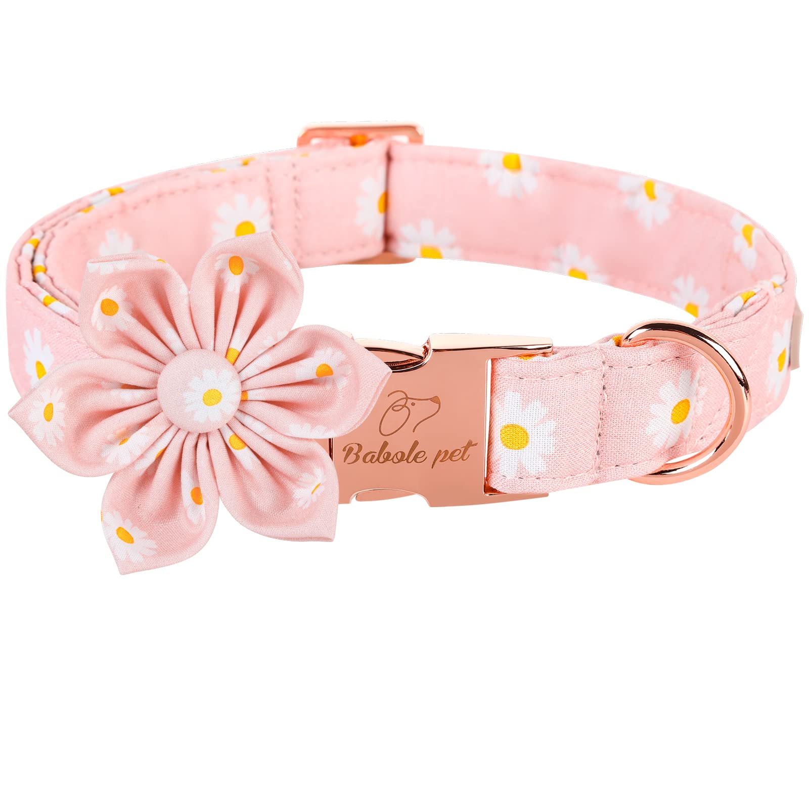 Babole Pet Dog Collar With Pink Daisy Flower Tie,Cotton Dog Collar With Safety Metal Buckle Adjustable Puppy Collars For Small Medium Large Boy&Girl Dog,X-Large,Neck 16'-26'