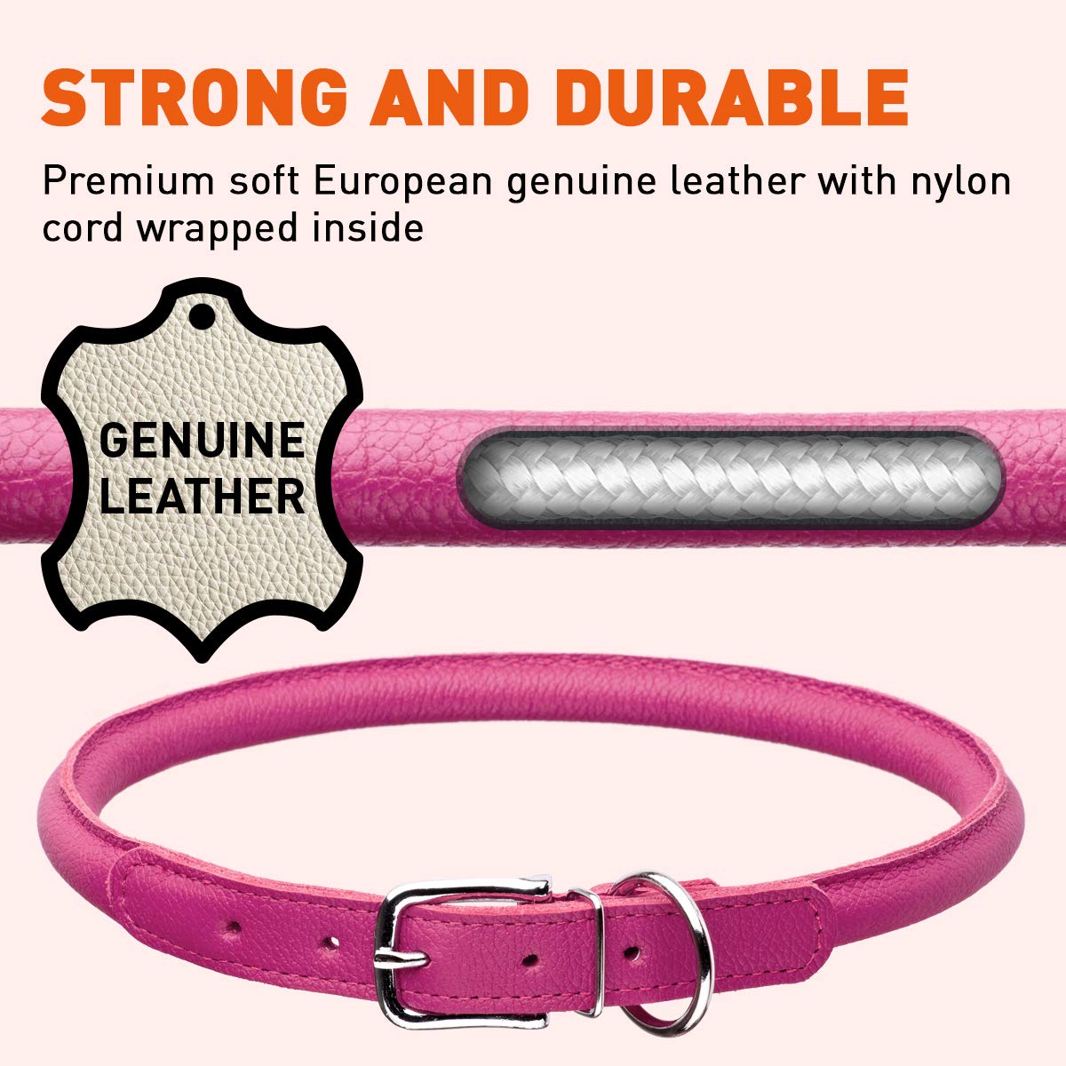 Dogline Soft And Padded Rolled Round Leather Collar For Dogs W1/4'' - L10''-13'' Pink