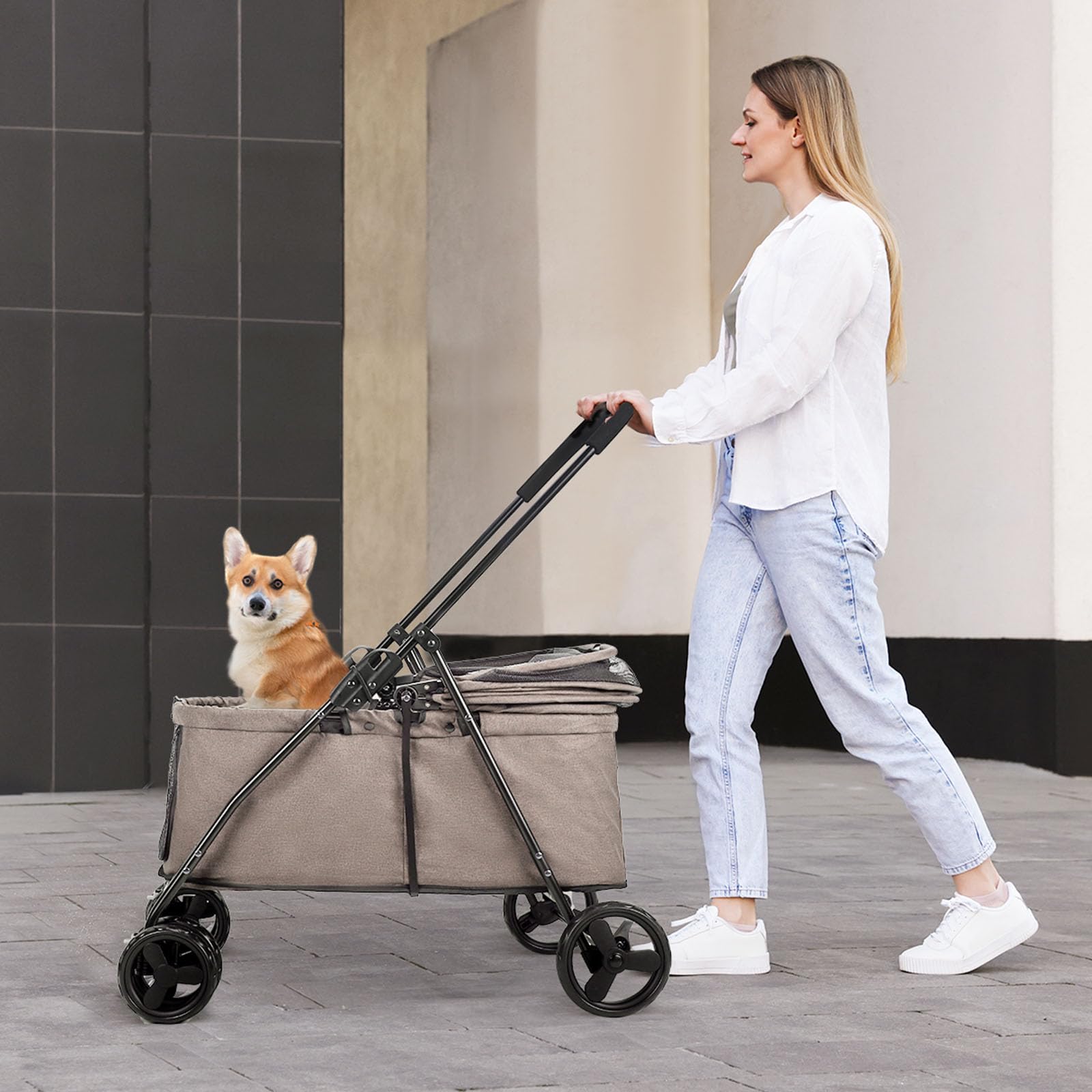 20% Larger Capacity, Wedyvko Dog Stroller for Medium/Small Pets w/Dog Poop Bags & Dispenser, Storage Pouch, Zipperless, Entry in