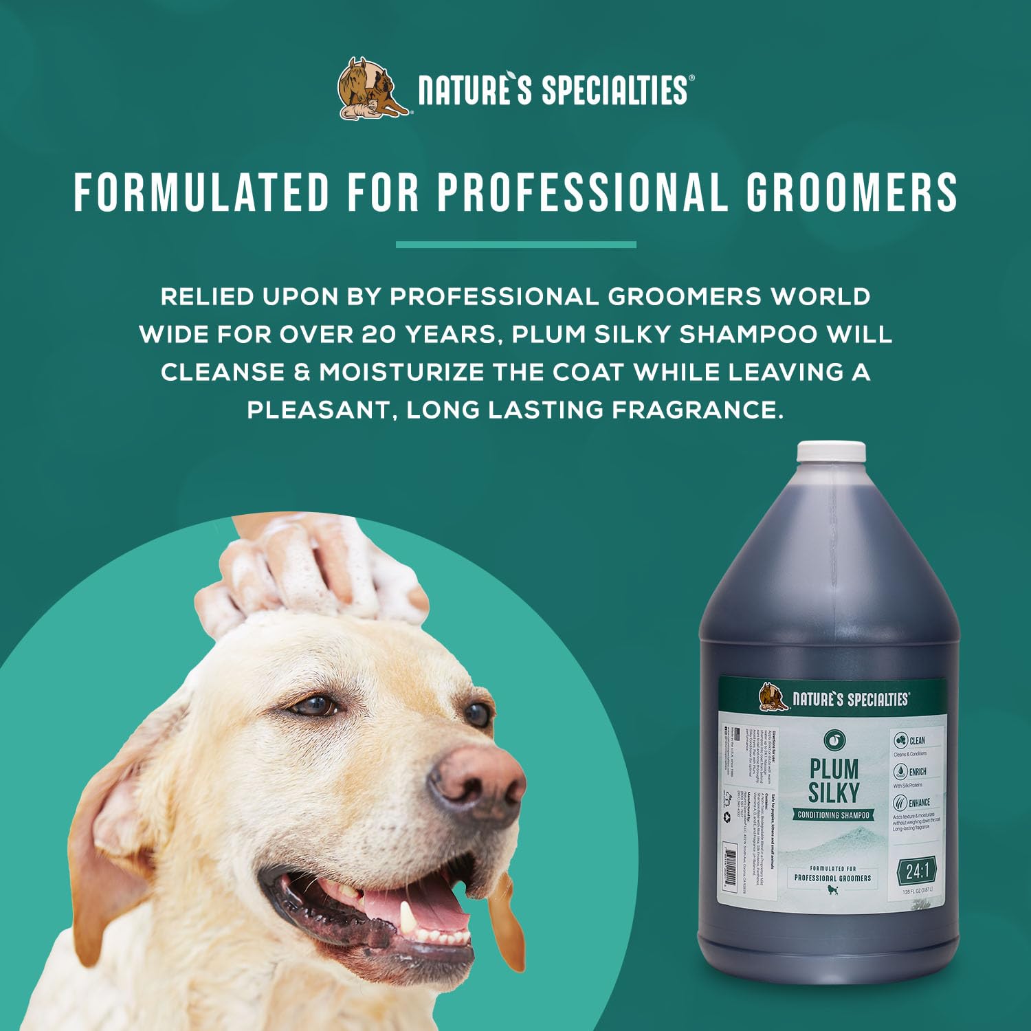 Nature's Specialties Plum Silky Ultra Concentrated Dog Shampoo & Conditioner, 1 Gal, Makes Up to 24 Gallons, Ideal for Groomers