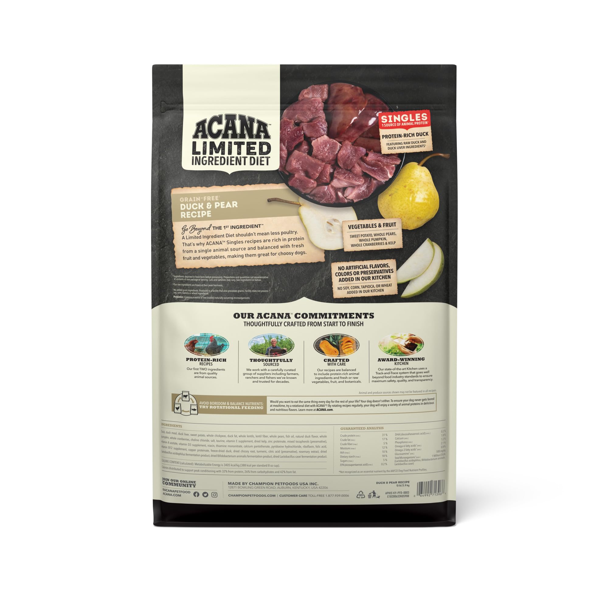 ACANA Singles Limited Ingredient Dry Dog Food, Duck & Pear Recipe, Single Protein Source Dog Food Kibble, 13lb