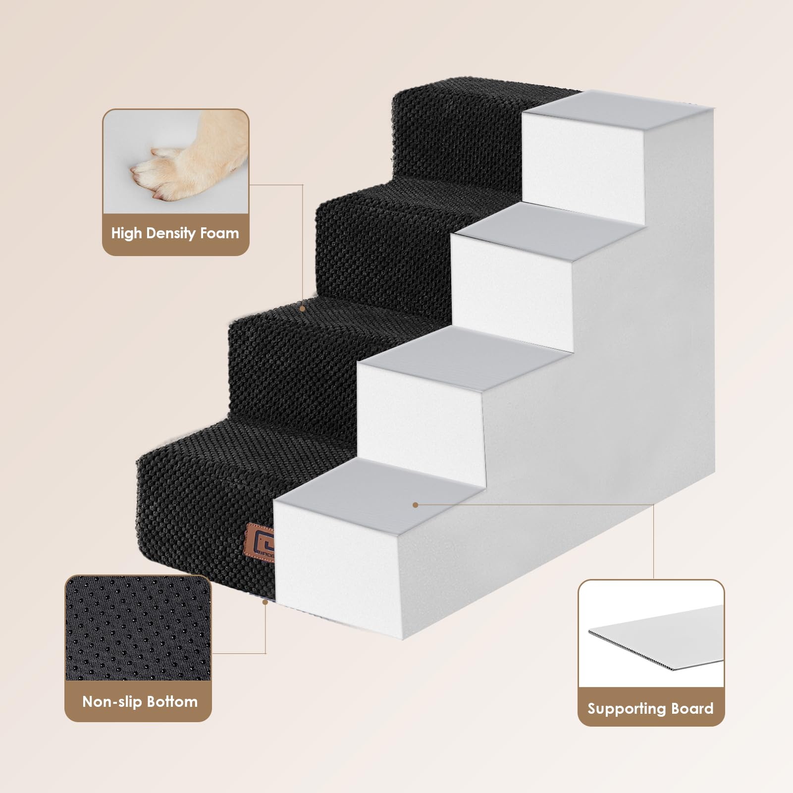 Eheyciga Dog Stairs For Bed 18”H, 4-Step Dog Steps For High Bed, Pet Steps For Small Dogs And Cats, Non-Slip Balanced Dog Indoor Ramp, Black