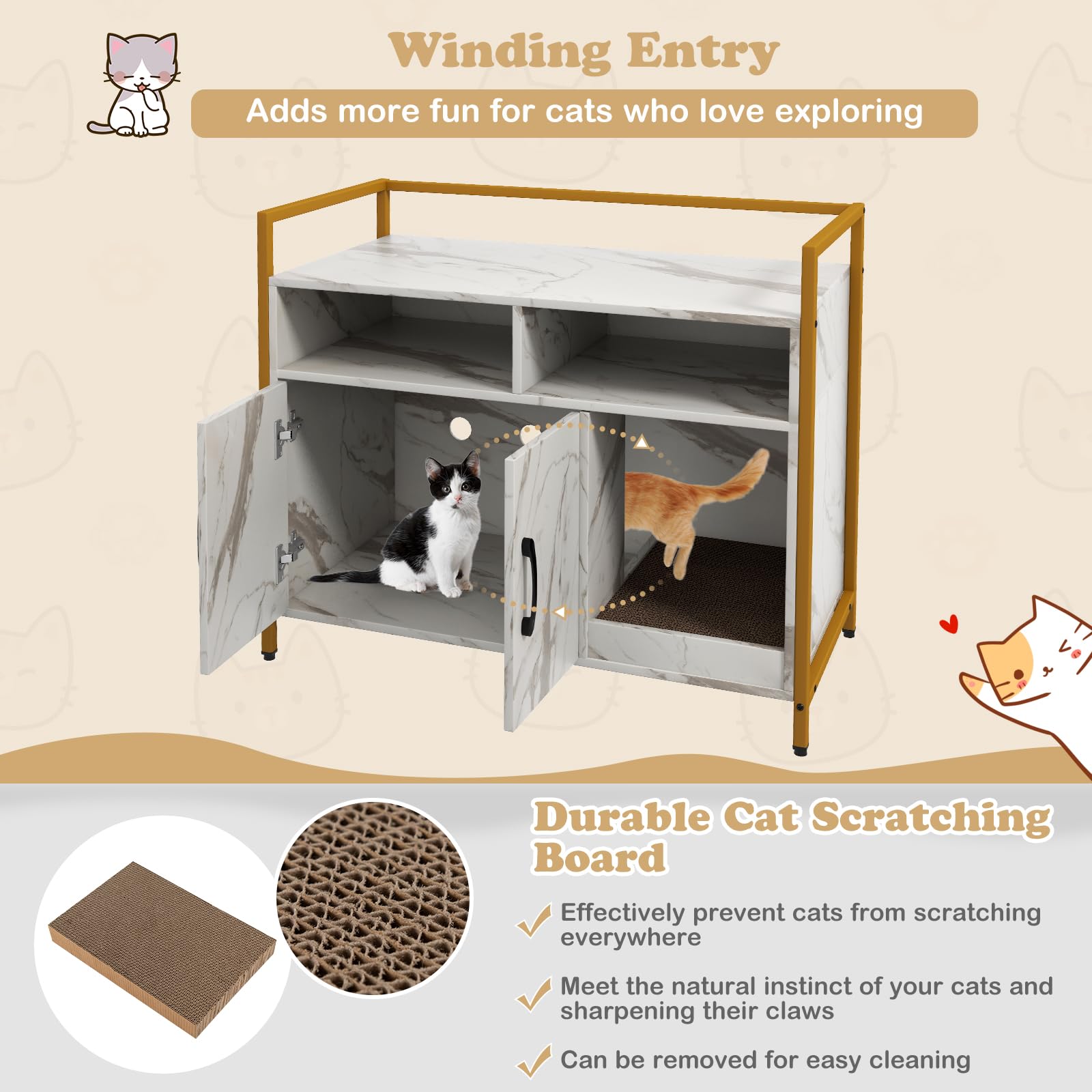 Giantex Cat Litter Box Enclosure - Cat Washroom Hidden Furniture with Front Entry, Scratcher, 2-Door Storage Cabinet, 2 Compartm