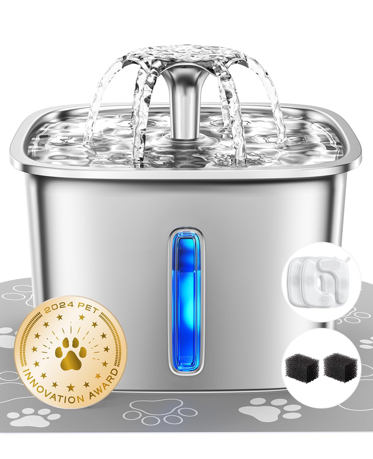 Veken Innovation Award Winner Stainless Steel Cat Water Fountain, 95Oz/2.8L Automatic Pet Fountain Dog Water Dispenser With Repl