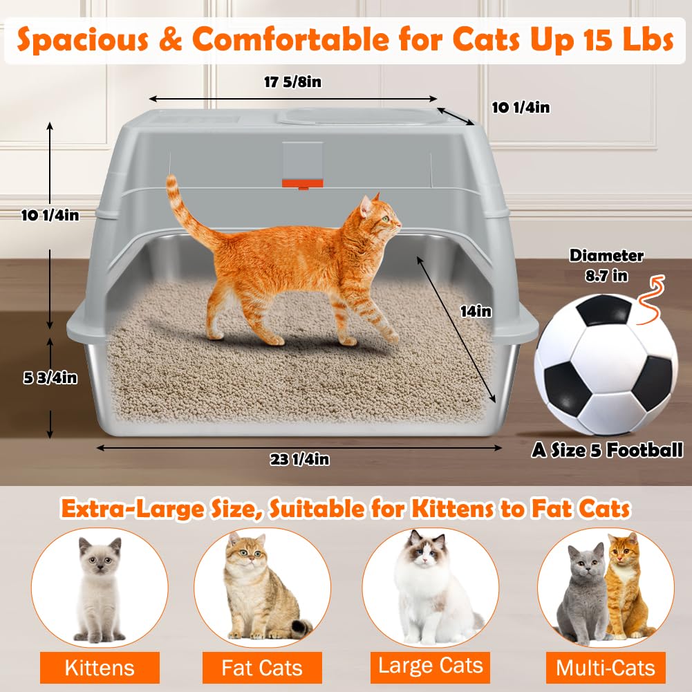 SZEE XL Stainless Steel Litter Box - Top Exit, Non-Stick, Odor Control, Gray, Model BXGMSPK6FBSKMMH-HUIS-F-US