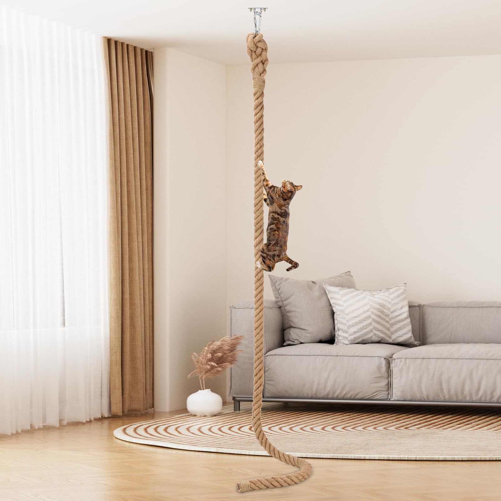 2 x 9.84Ft Cat Climbing Rope with Hook, Natural Cat Climbing Jute Rope for Ceiling and Wall Mounted, Durable Sisal Ropes for Ind