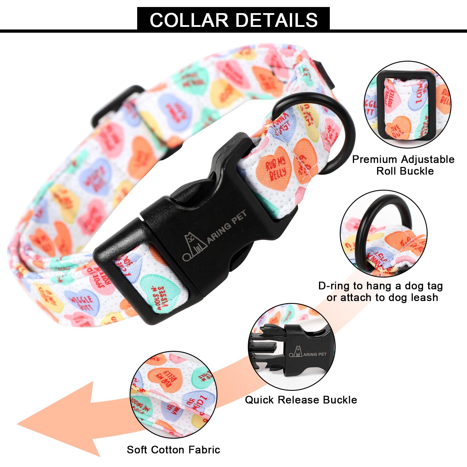 Aring Pet Valentine'S Day Dog Collar-Cute Cotton Heart Dog Collars, Adjustable Valentine Candy Heart Pet Collars Girl Puppy Coll