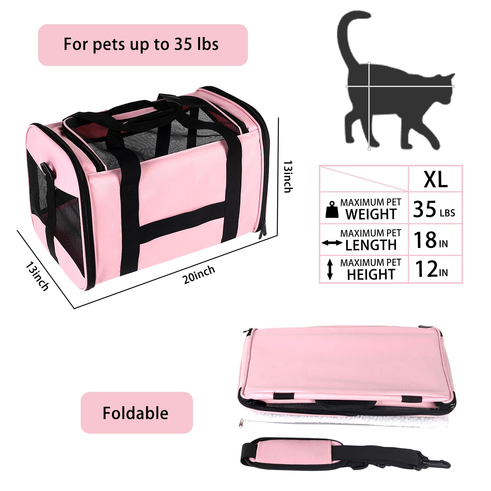Top Tasta Large Soft-Sided Cat Carrier for Dogs & Cats up to 30lbs, Collapsible, 20"x13"x13", Pink, Model: top tasta-2-1